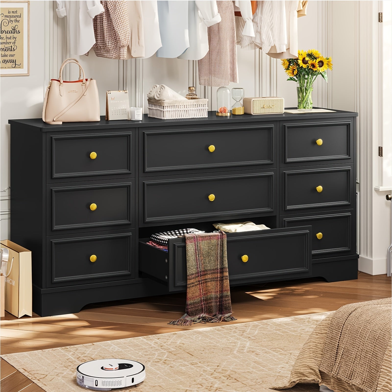 Large 9 Drawer Dresser for Bedroom, 155cm Long Modern Chest Of Drawers, Wide Dressing Wardrobe, Bedroom Furniture Organizer