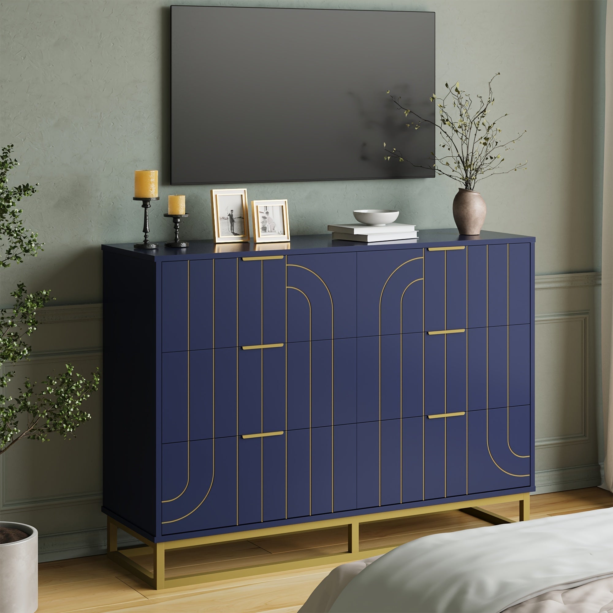 Elegant 122cm Dark Blue & Golden Modern Wooden Dresser - Versatile File Storage Cabinet with 6 Drawers, Easy Assembly, Durable Construction for Bedroom, Living Room & Office - Ideal Housewarming Gift for Home Decor Enthusiasts,