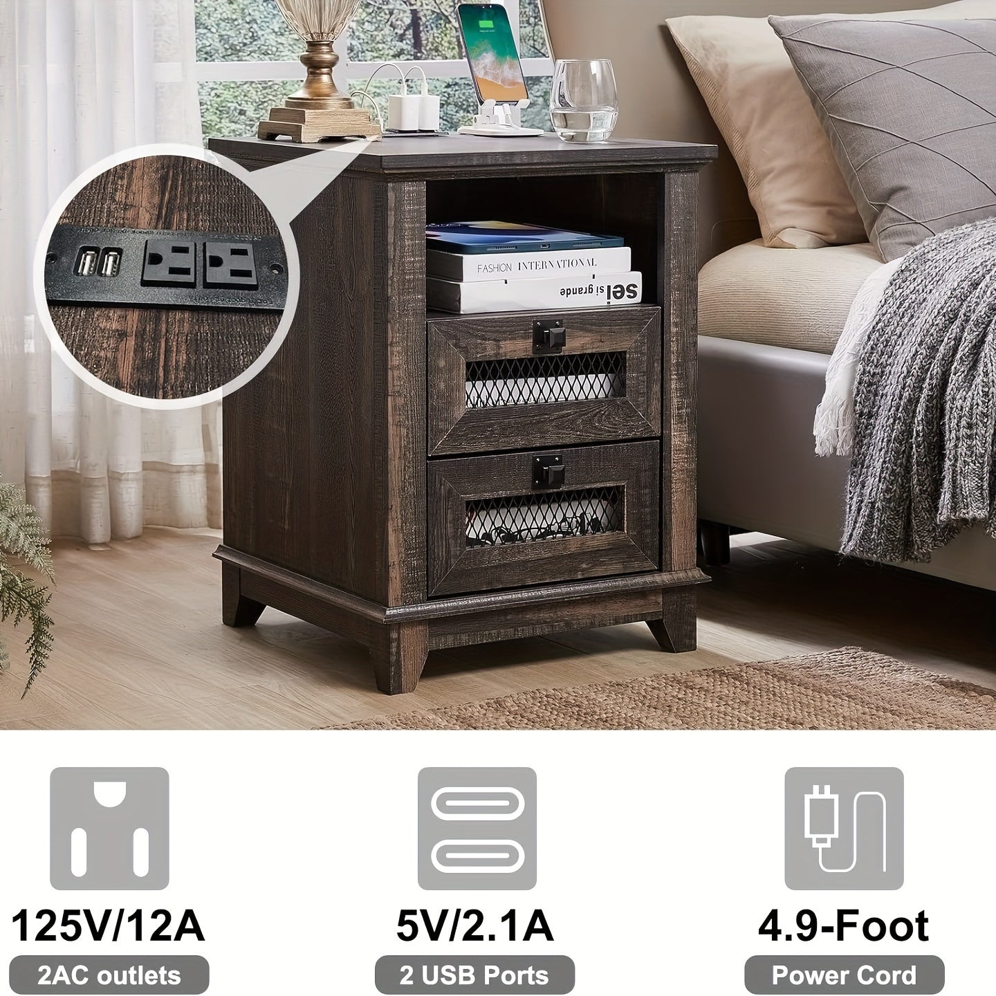 Nightstand With Charging Station, OKD 46cm Industrial & Farmhouse End Table With 2 Drawers & Open Cubby, Rustic Mesh Drawer Sofa Side Table W/Storage For Bedroom, Living Room, Office