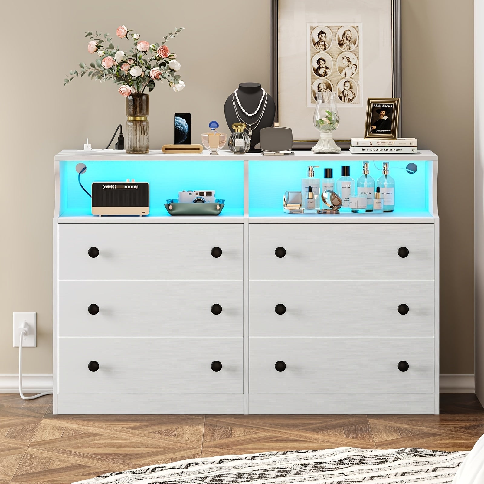 Bedroom Dresser, 6 Drawer Double Dresser With Charging Station With Open Storage, White