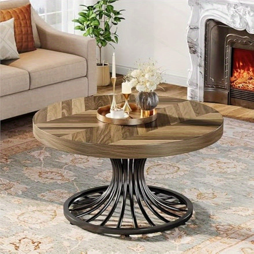 Round Coffee Table for Living Room, 82cm Small Wood Coffee Table with Stylish Metal Pedestal, Industrial Wooden Accent Center Table for Small Spaces, Home Office, Rustic Brown and Black