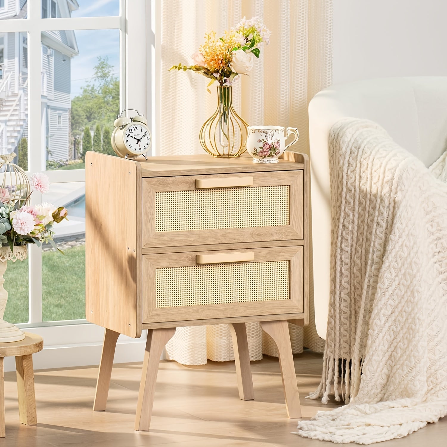 Chic Boho Rattan Nightstand with 2 Drawers - Natural Wood Finish, Cane Accent Side Table for Bedroom & Dorm Decor