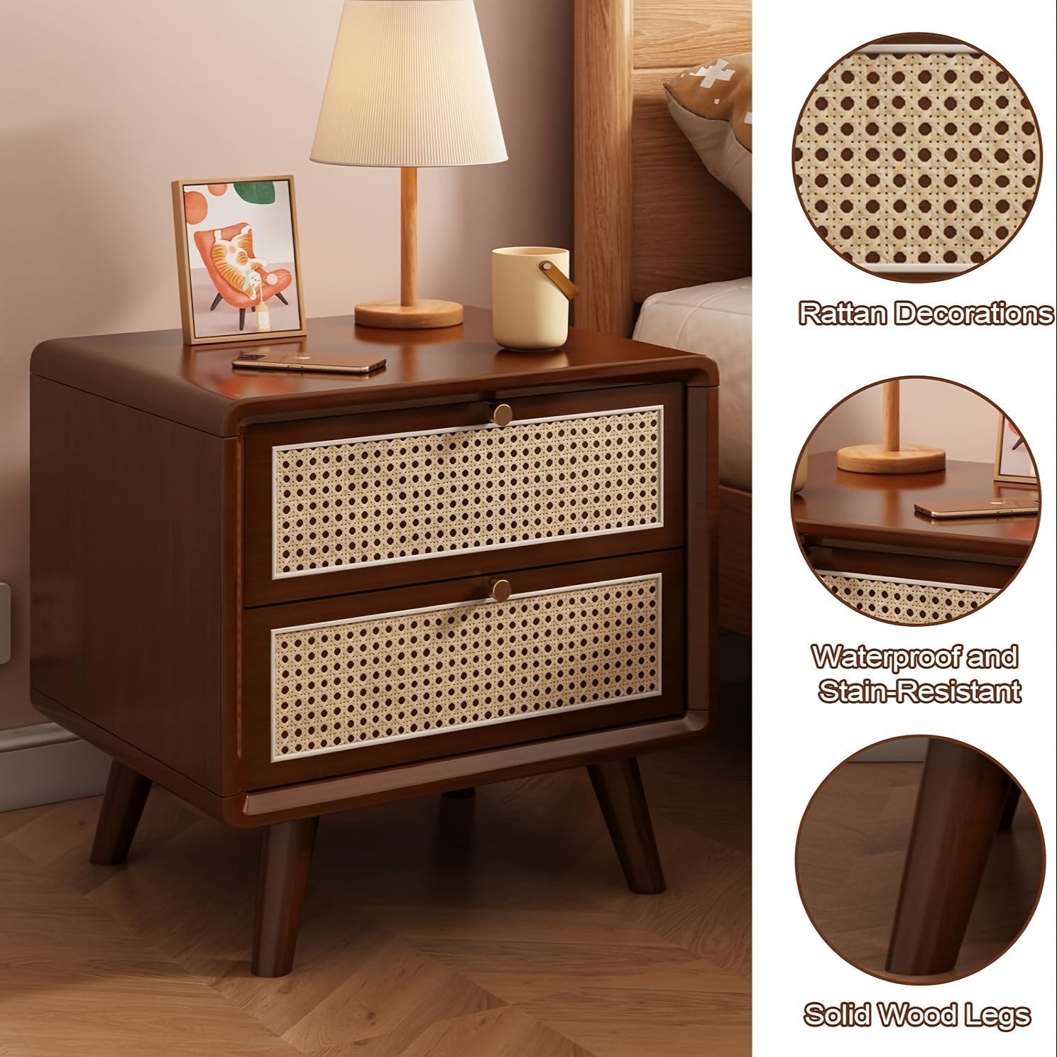 Rattan Bedside Table (Walnut Color, Cherry Color, Wood Color)