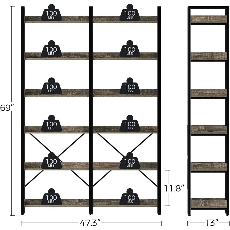 Bookshelf 6 Tier with 4 Hooks, 69 Industrial Wooden Bookcase, Vintage Storage Rack with Open Shelves, Rustic Standing Bookshelves Metal Frame 47.3 Wide Display Rack