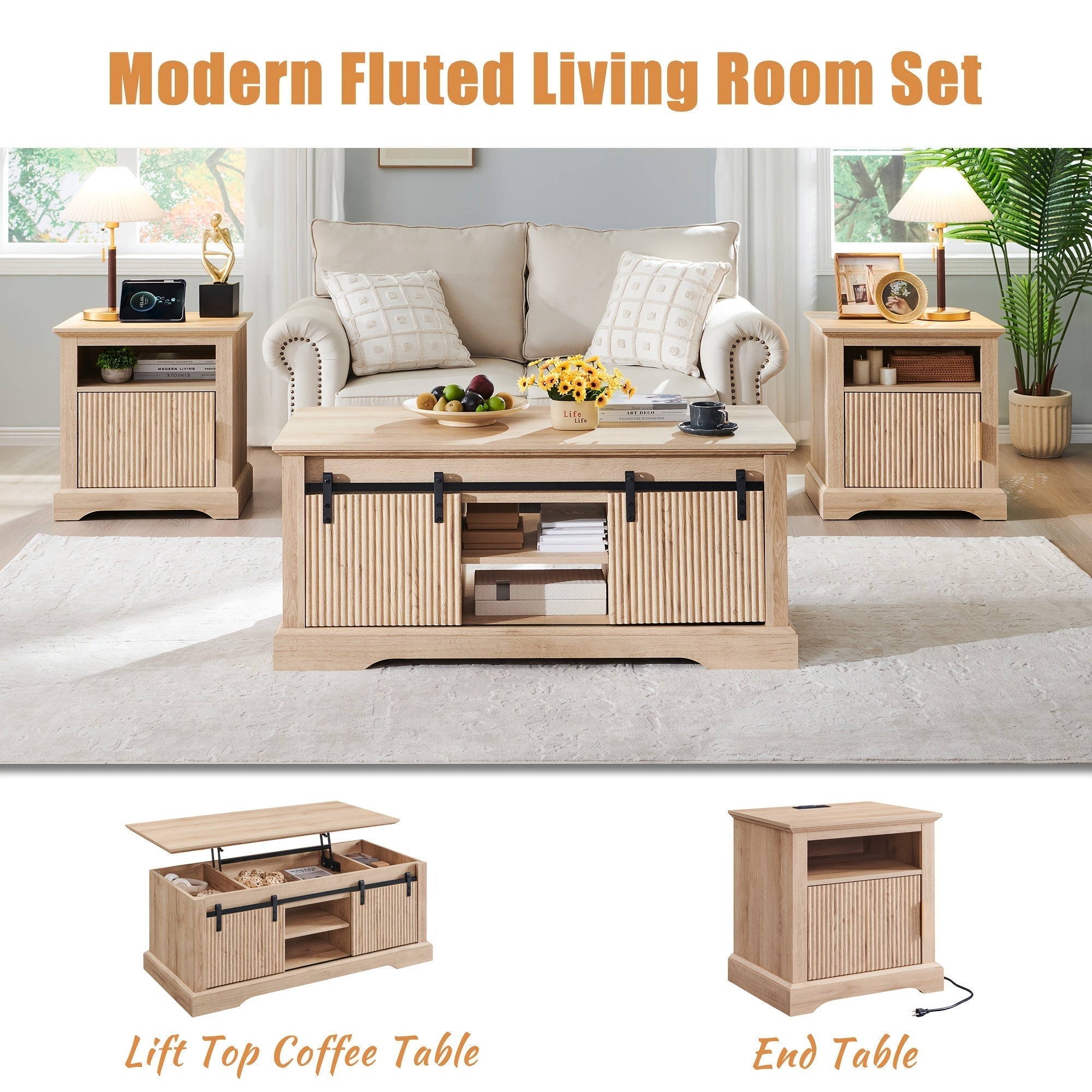 Modern 117cm Fluted Lift Coffee Table with Hidden Storage - Adjustable Height, Sliding Door & Shelf, Convertible Wooden Center Table for Living Room