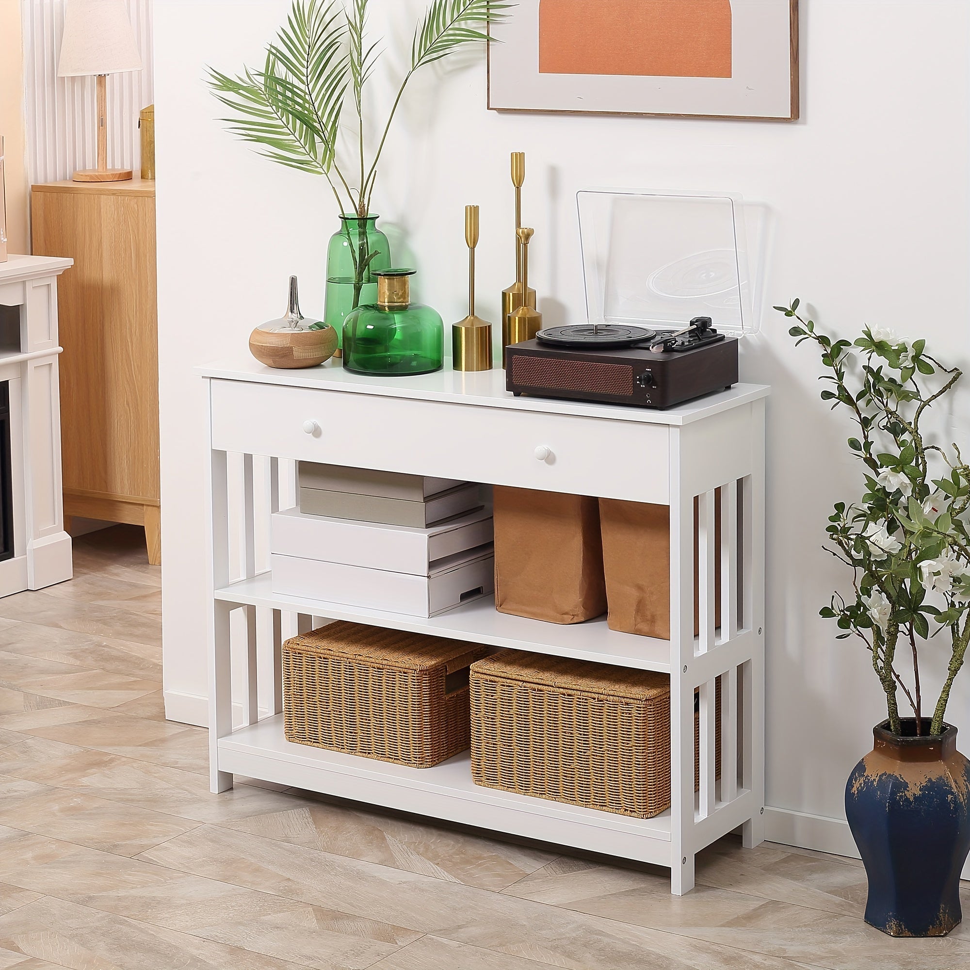 Console Hallway Table with Extra Wide Pull-Out Drawer, 2 Open Shelves, and Slatted Wood Frame Design, White (Measurements in cm)