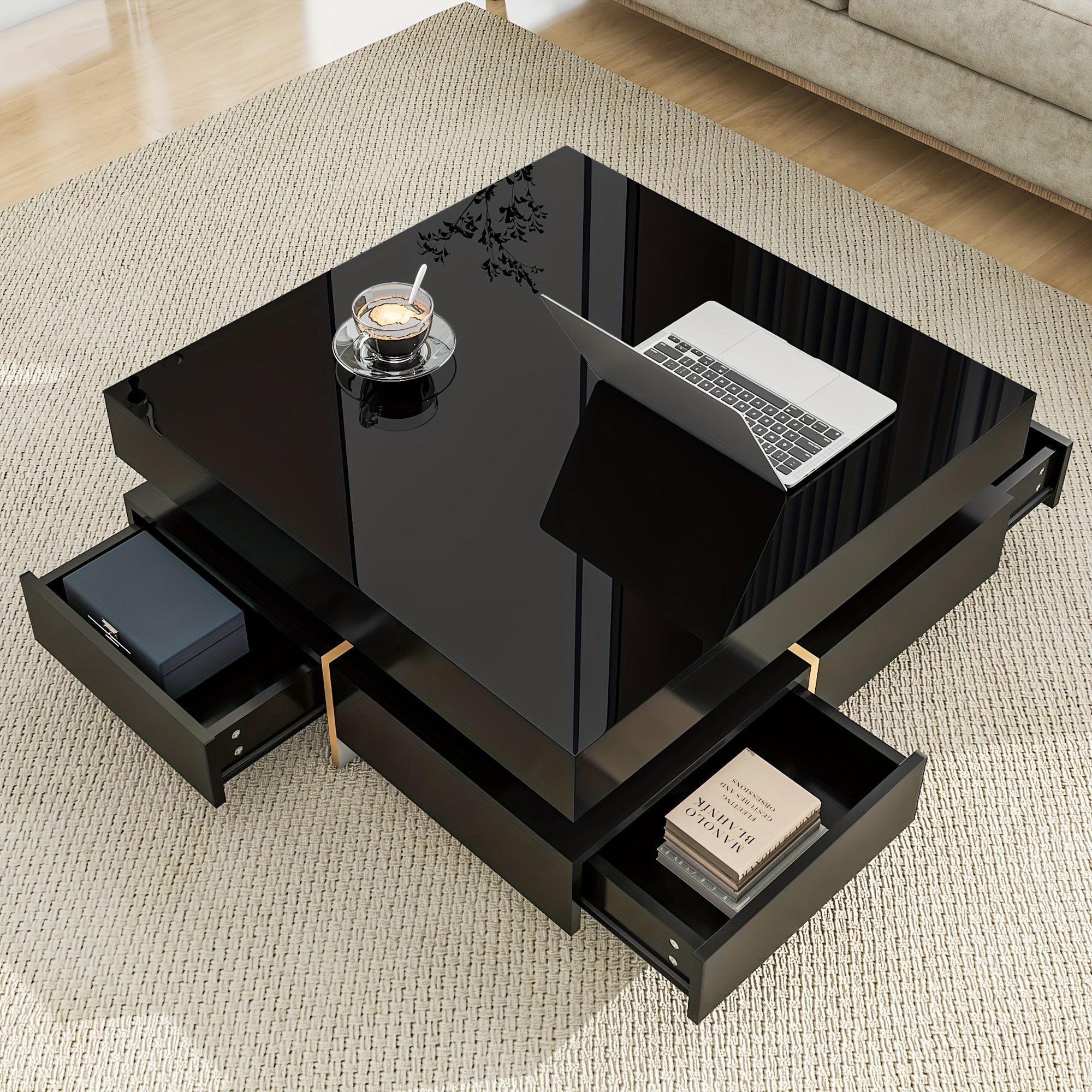 Modern High Gloss Coffee Table with 4 Drawers, Multi-Storage Square Cocktail Tea Table with Wood Grain Legs, Center Table for Living Room