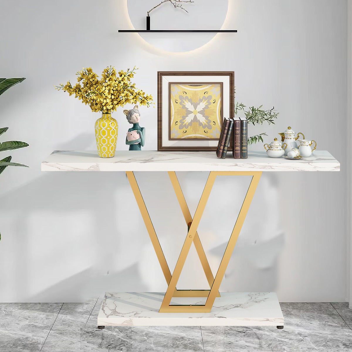 Console Table: 106.68 cm Industrial Entryway Table for Living Room - Narrow Sofa Table with Sturdy Metal Frame, Easy Assembly in Elegant Golden/White - Perfect for Holiday Decor and Creating a Warm, Welcoming Entrance