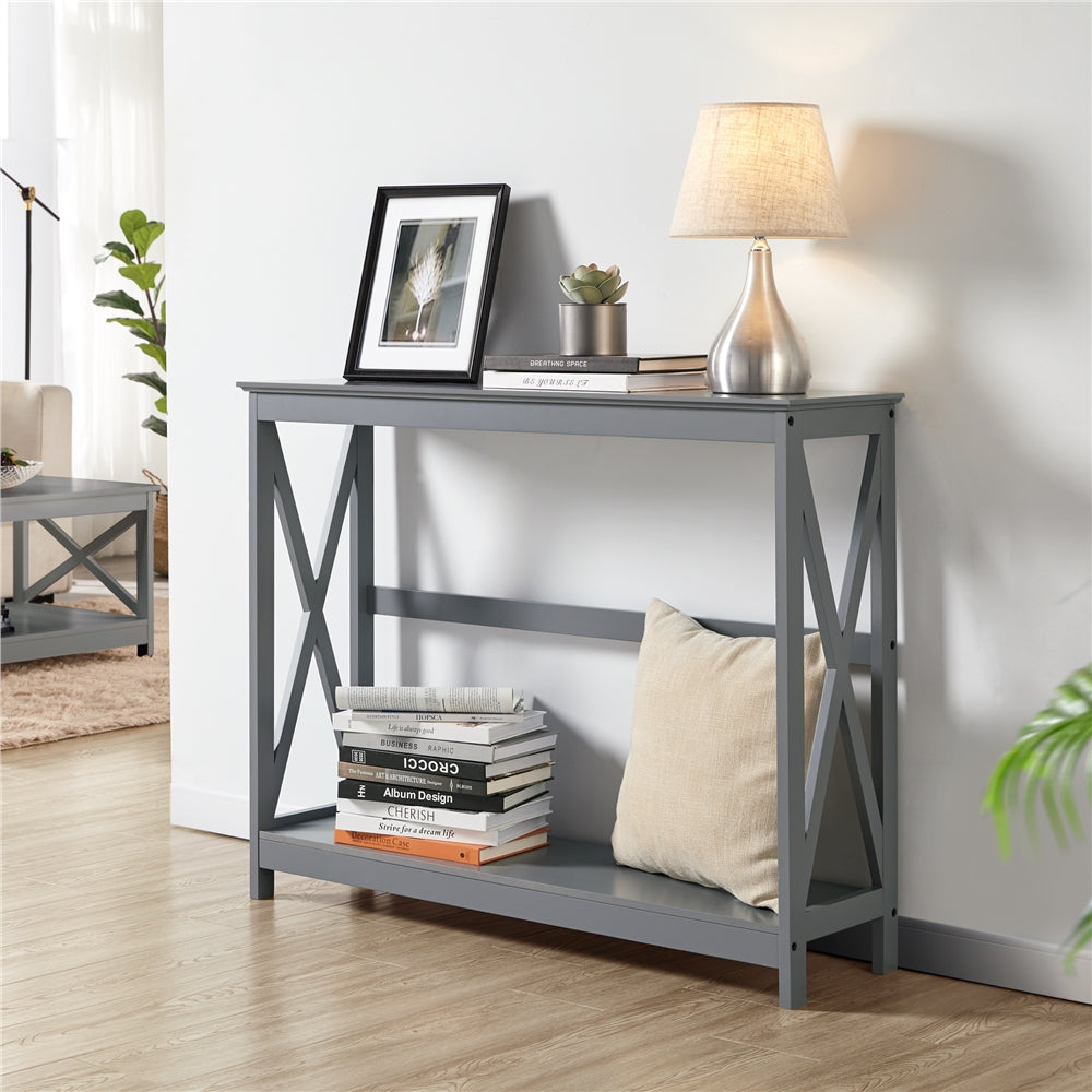 Narrow Wood Entryway Table 2 Tier Console Table for Entryway X-Design Bookshelf Accent Table with Storage Shelf for Living Room Entry Hall Foyer (Dimensions in cm)