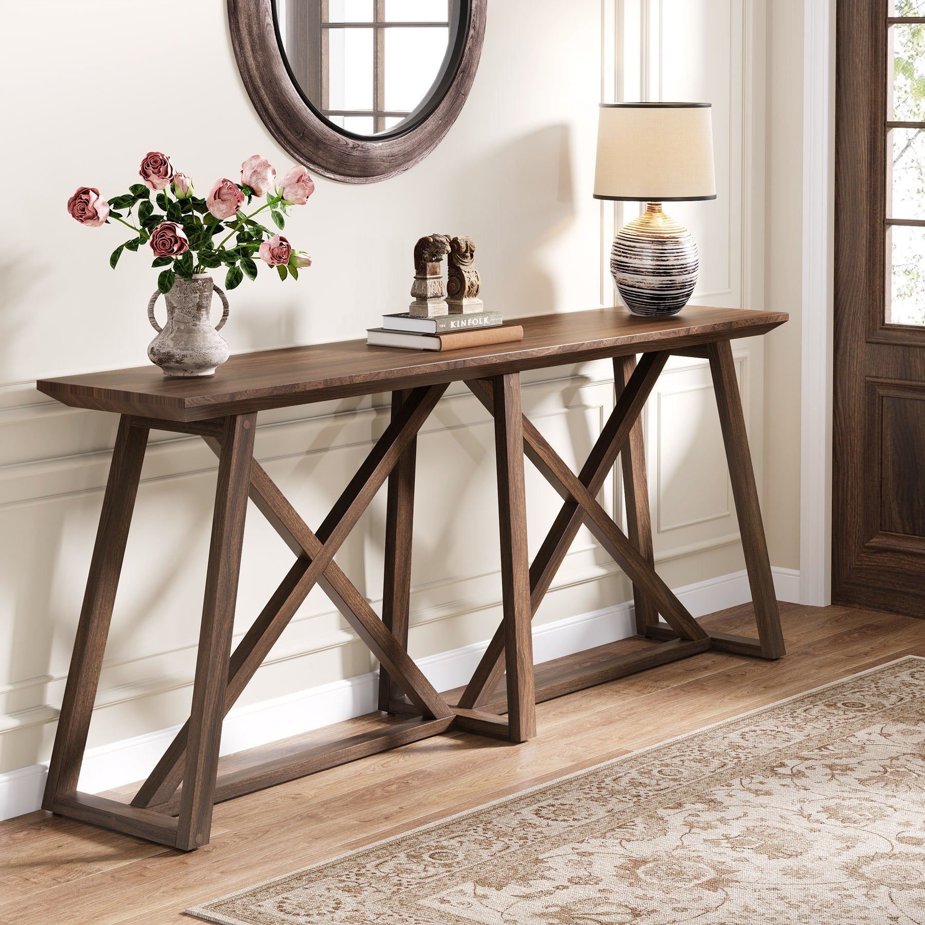 Farmhouse Console Table for Entryway: 180 cm Extra Long Entryway Table, Narrow Wooden Sofa Table Behind Couch for Hallway, Entrance, Foyer, Living Room, Rustic Brown, Halloween Decor, Spider Web Decor