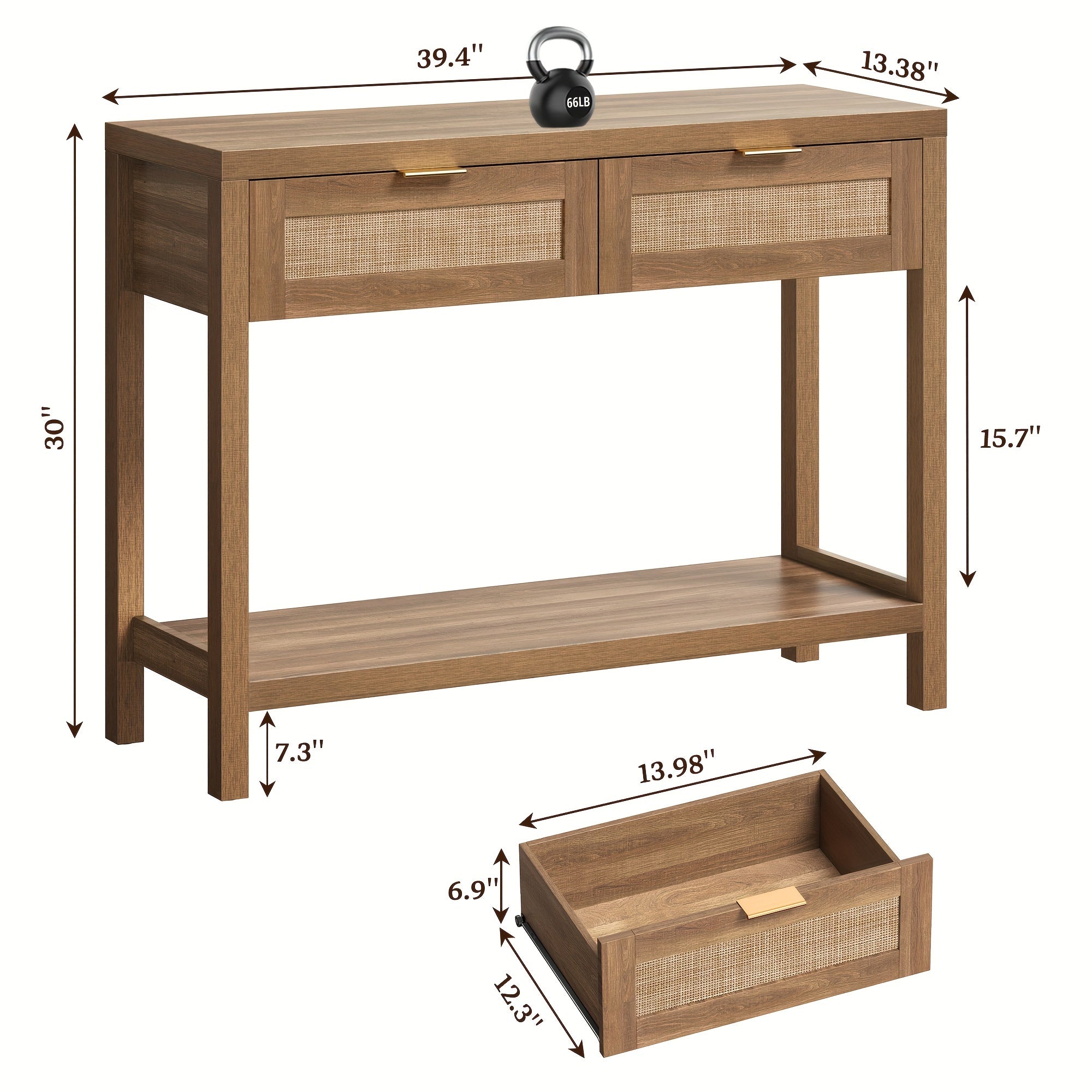 Rattan Console Table With Drawers, Wood Narrow Sofa Table Entryway Table For Hallway, Living Room (in cm)