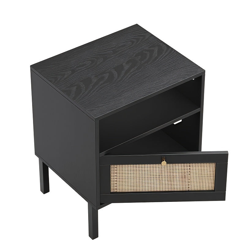 2pcs Set Natural Rattan Nightstands, Boho Bedside Table with Hand-Woven Decorative Door, Black - Ideal for Living Room and Bedroom, Storage Drawer Units