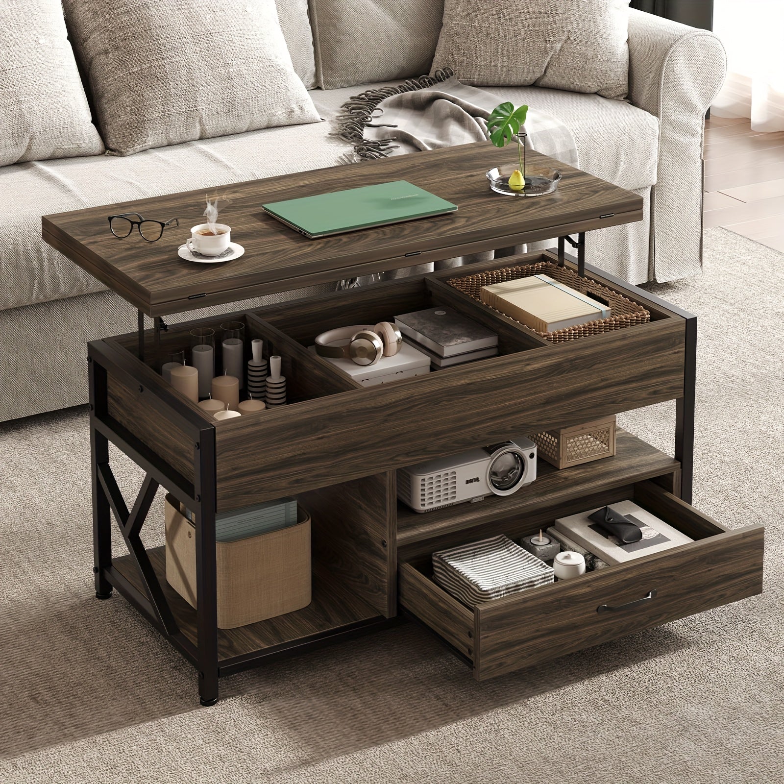 Convertible Lift-Top Coffee Table with Storage, 4-in-1 Multi-Functional Wood Table, Expandable Tiered Shelf Design, Freestanding Rustic Brown, with Hidden Compartment, for Living Room, Dining Room