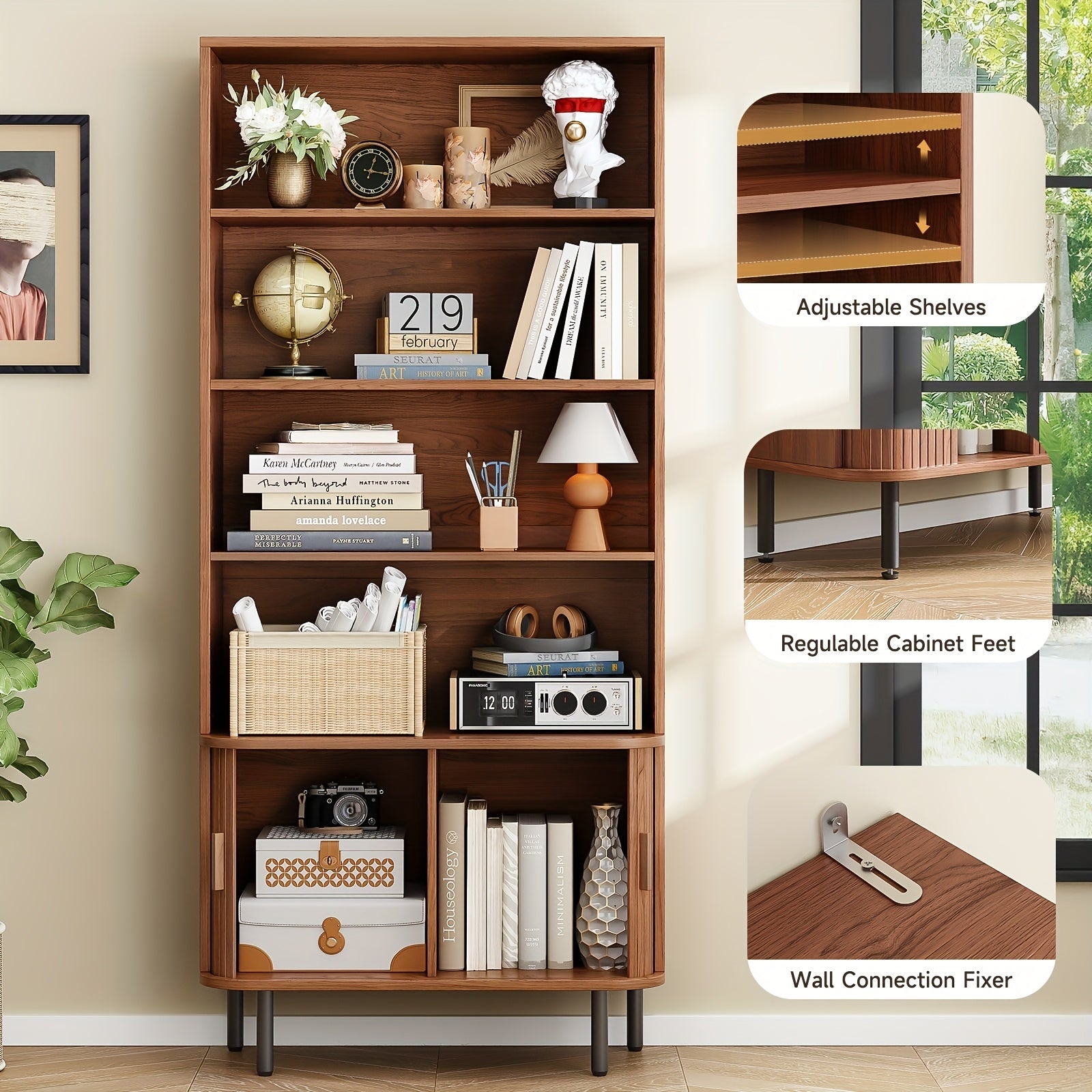 180cm Bookcase 4 Shelves Bookcase With Storage Cabinets And Adjustable Storage Shelves With Sliding Doors And Adjustable Feet For Home Office, Living Room Walnut