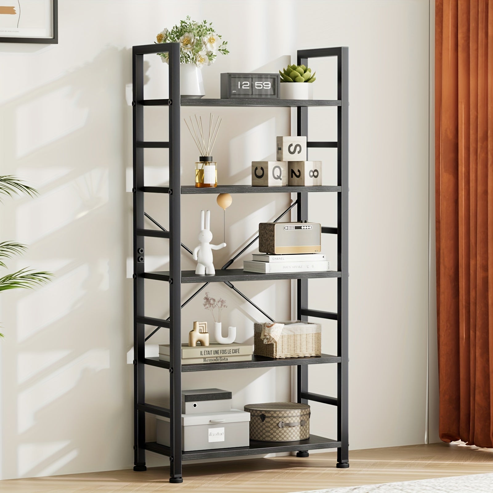 5 Tiers Bookshelf, Tall Bookcase Storage Shelves Organizer, Classically Modern Book Shelf for CDs/Movies/Books, Industrial Book Shelves for Home Office, Living Room, Kitchen, Bedroom