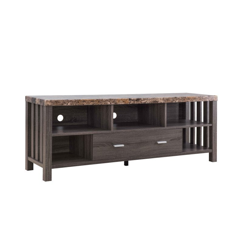 Home, Livingroom 152cm TV Stand with Drawer& Five Open Shelves- Faux Marble Yellow& Distressed Grey