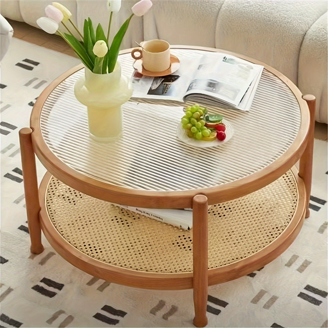 Modern Rattan Woven Tea Table With Glass Desktop, Chinese Simple Round Double-Layer Side Table, Solid Wood Coffee Table For Dining Living Room Lounge Bedroom