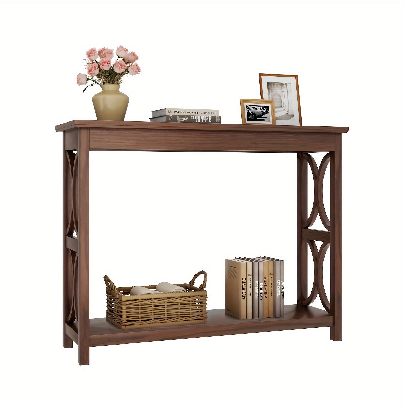 Entryway Console Table, Modern Farmhouse Narrow Console Table with 2-Tier Storage Shelves and Metal X-Frame Back Support, Decorative Entryway Table for Living Room, Foyer, and Hallway (in cm)