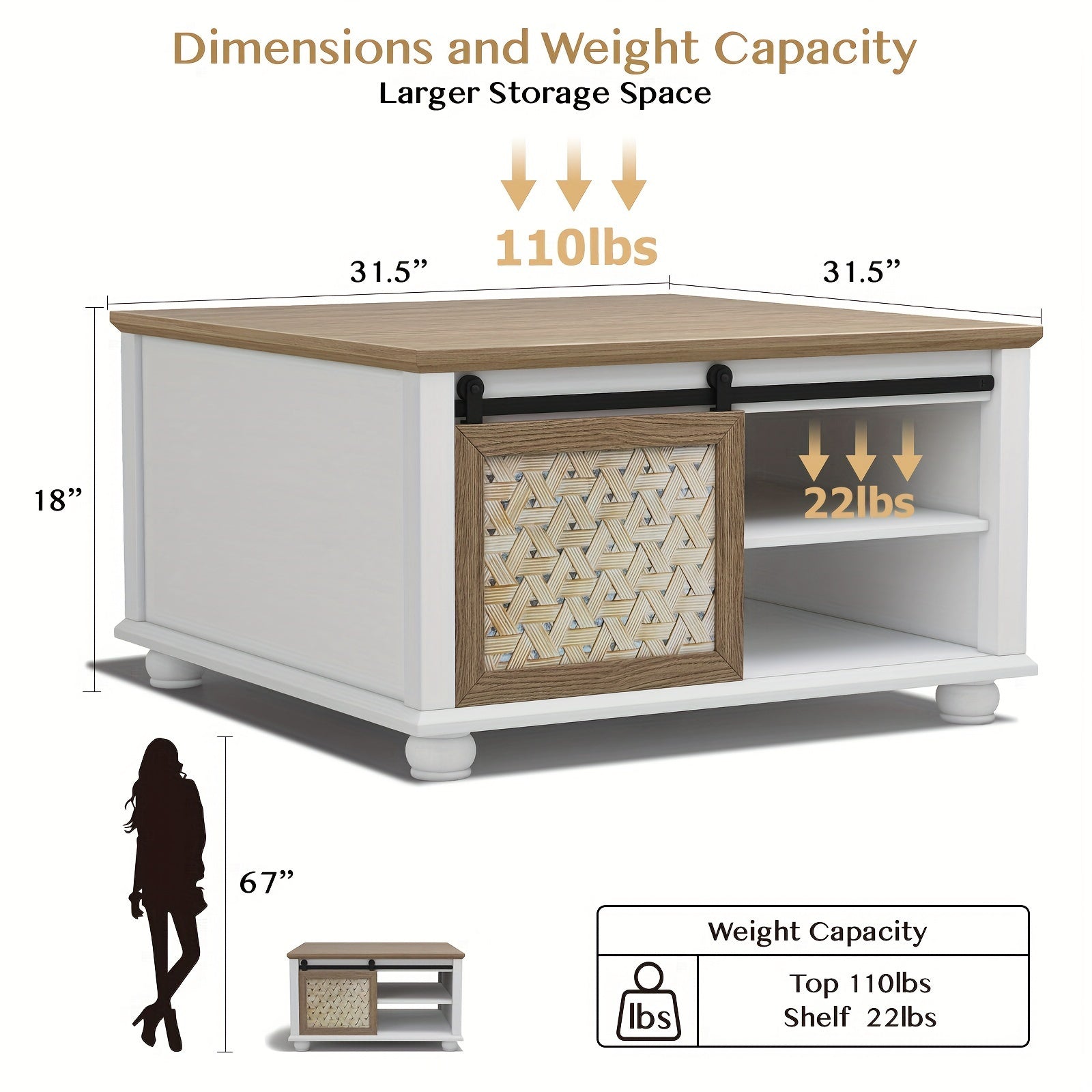 81cm Farmhouse Coffee Table with Storage/Sliding Barn Doors, Adjustable Shelves, Center Table for Living Room, Modern Square Rustic, White