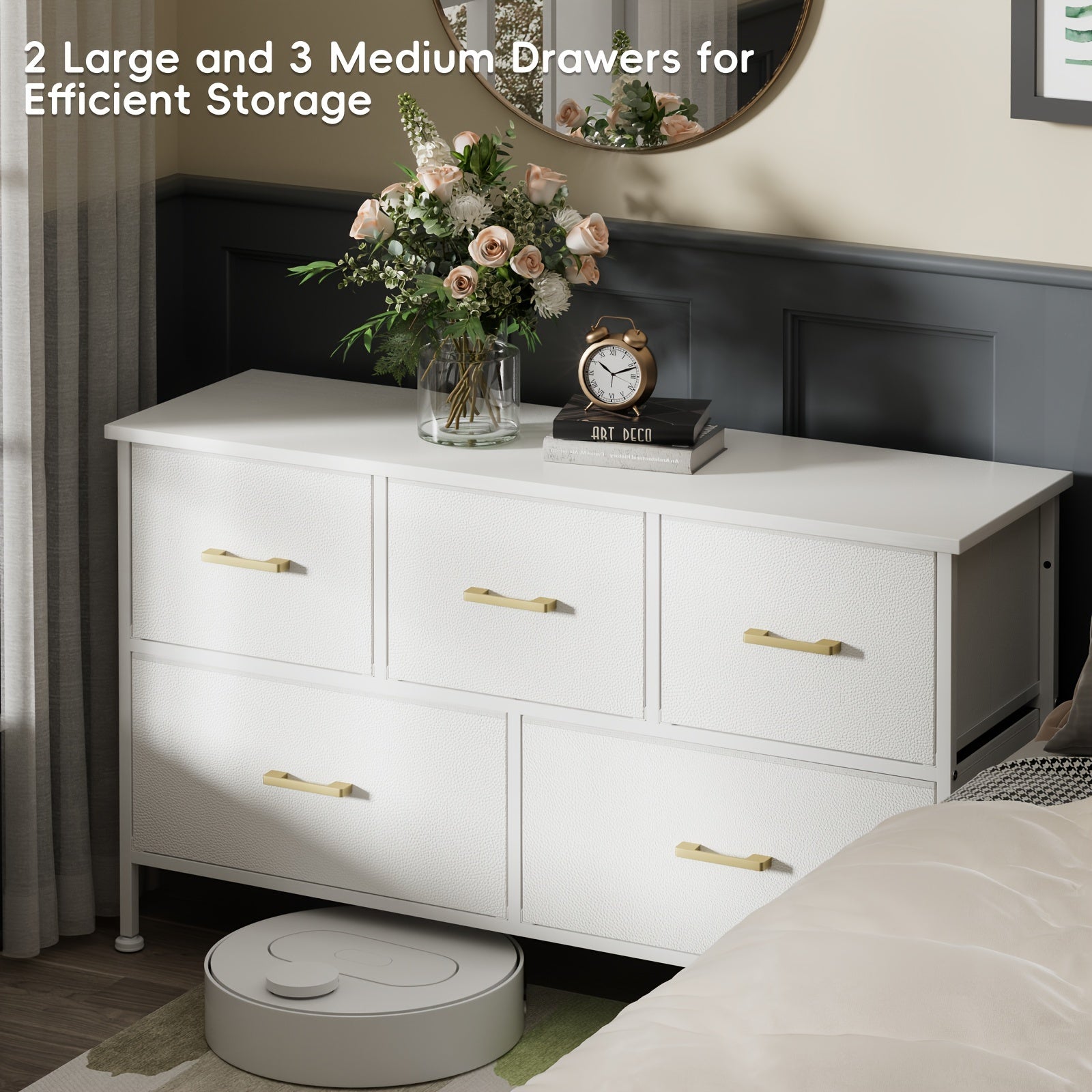 5/8/9 Drawers Dresser For Bedroom, White Dresser With Fabric Drawers, Chest Of Drawers With PU Finish, Metal Handle, Storage Organizer Unit For Closet, Living Room, Tv Stand Up To 43'', White