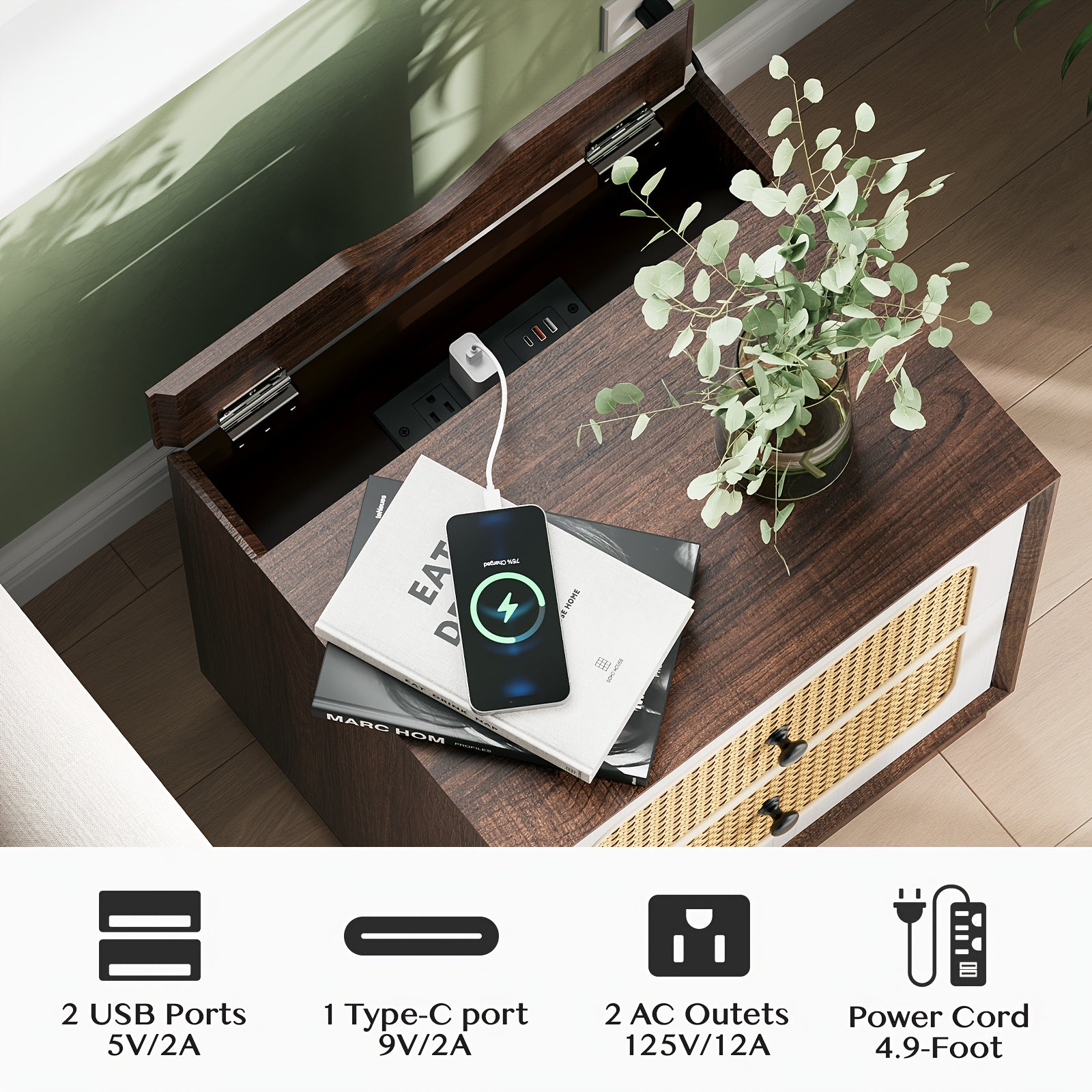 Modern Nightstand With Charging Station, Bedside Table With 2 Rattan Drawers, Boho Side Table With Storage, End Table For Bedroom, Living Room (Walnut White 1PCS)