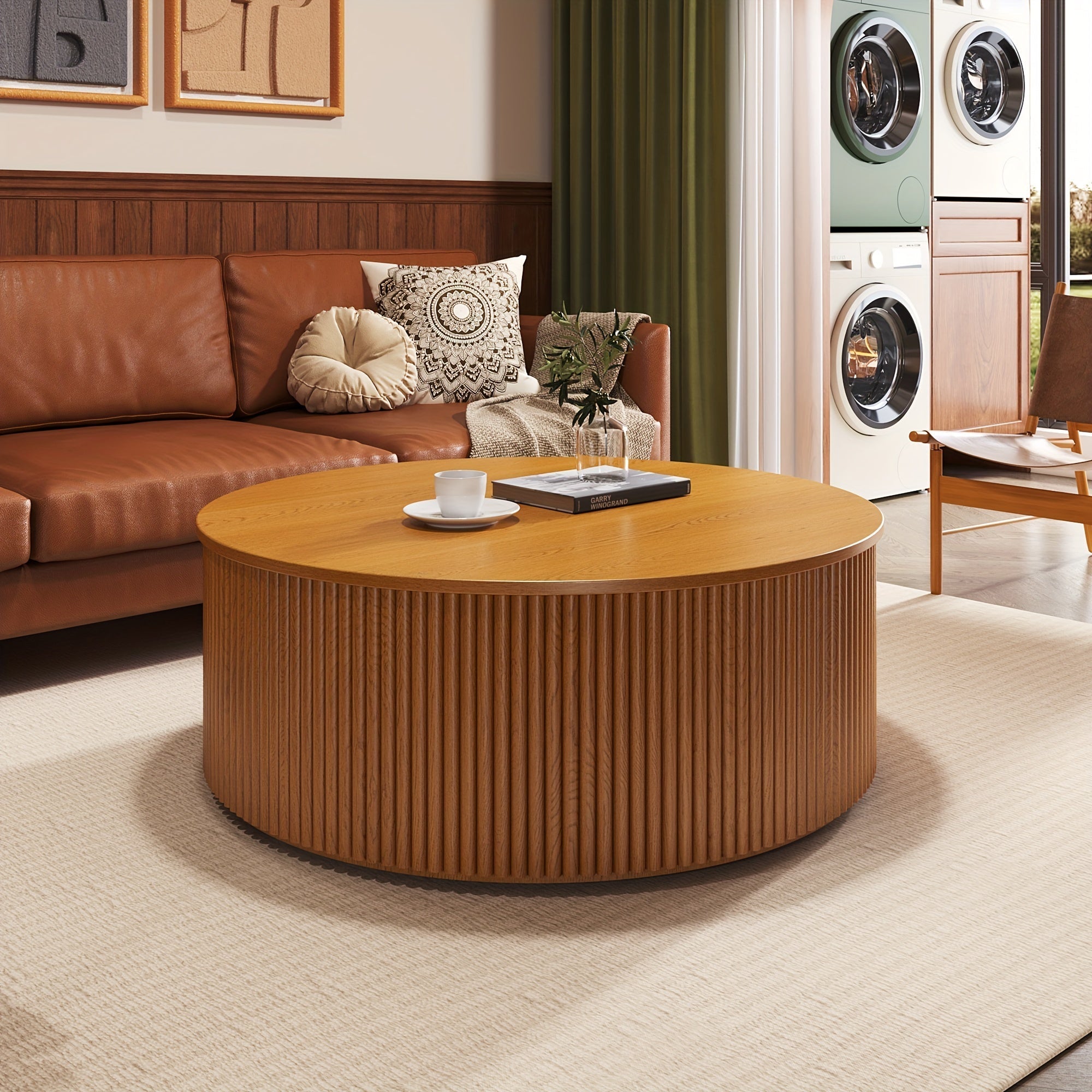 Round Lift Top Coffee Table Wooden Walnut With Hidden Storage Space For Living Room