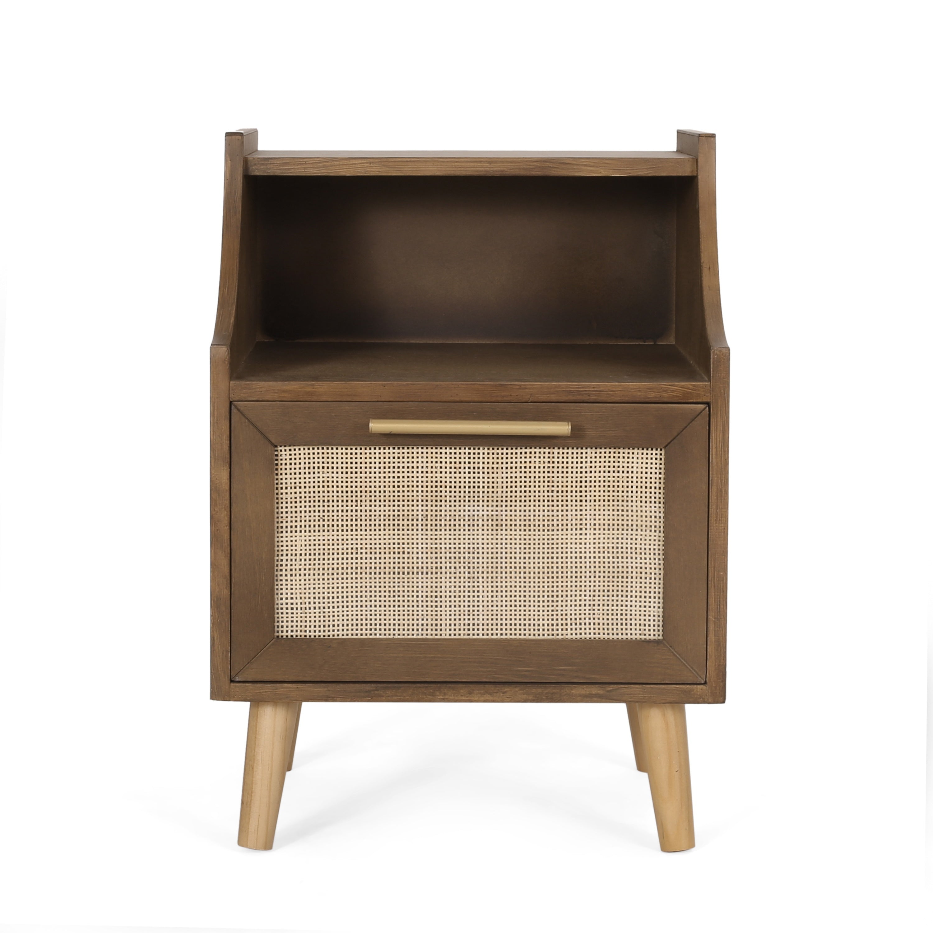 Merax Contemporary End Table With Rattan Accents And Tempered Glass - Walnut Finish, Built-in Hutch, And Antique Gold Details, Nightstand