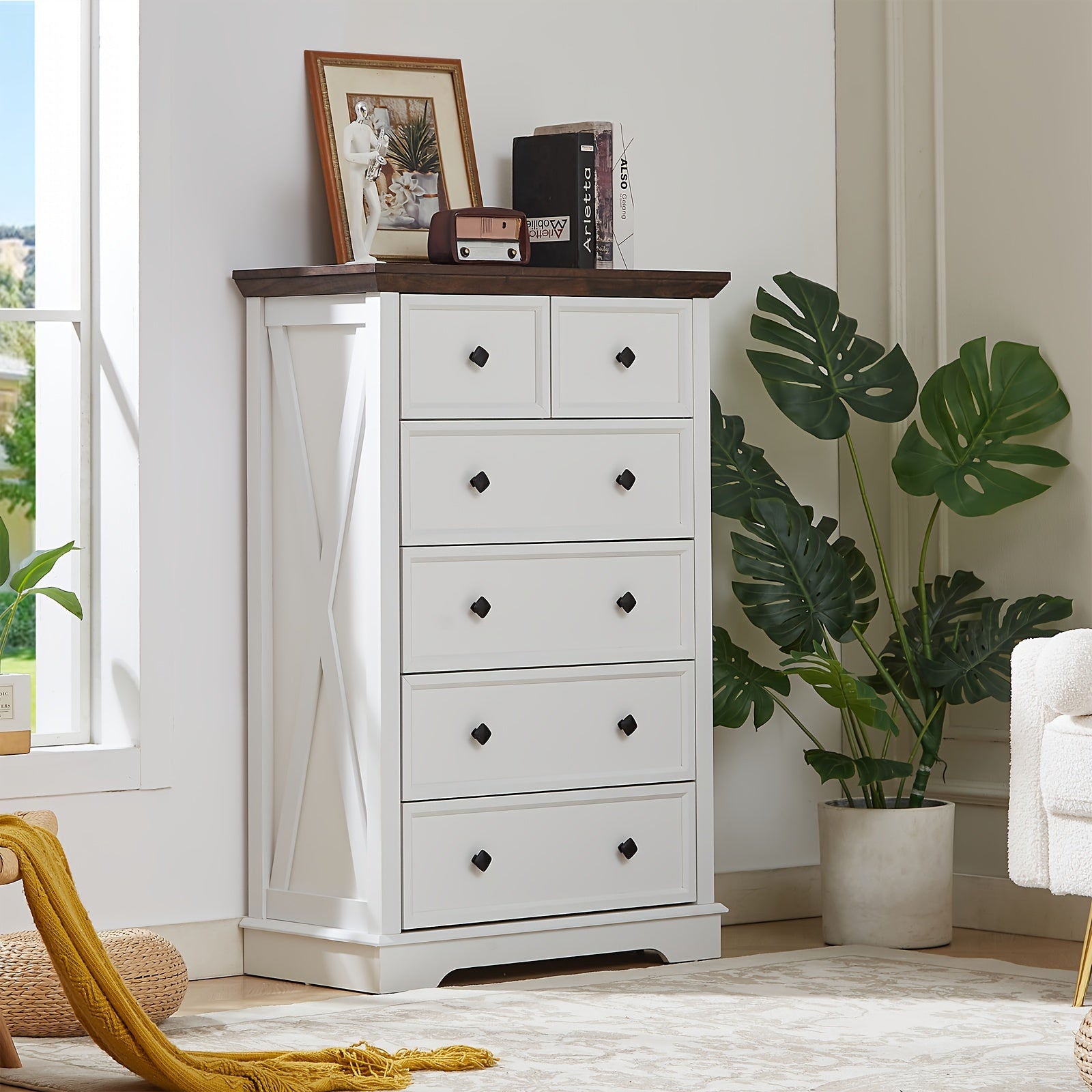 1pc Farmhouse Style 6-Drawer Dresser, 122cm Tall Hardwood & Artificial Board Chest, White Storage Cabinet for Bedroom, Living Room, Entryway - Independent, No Electricity Needed