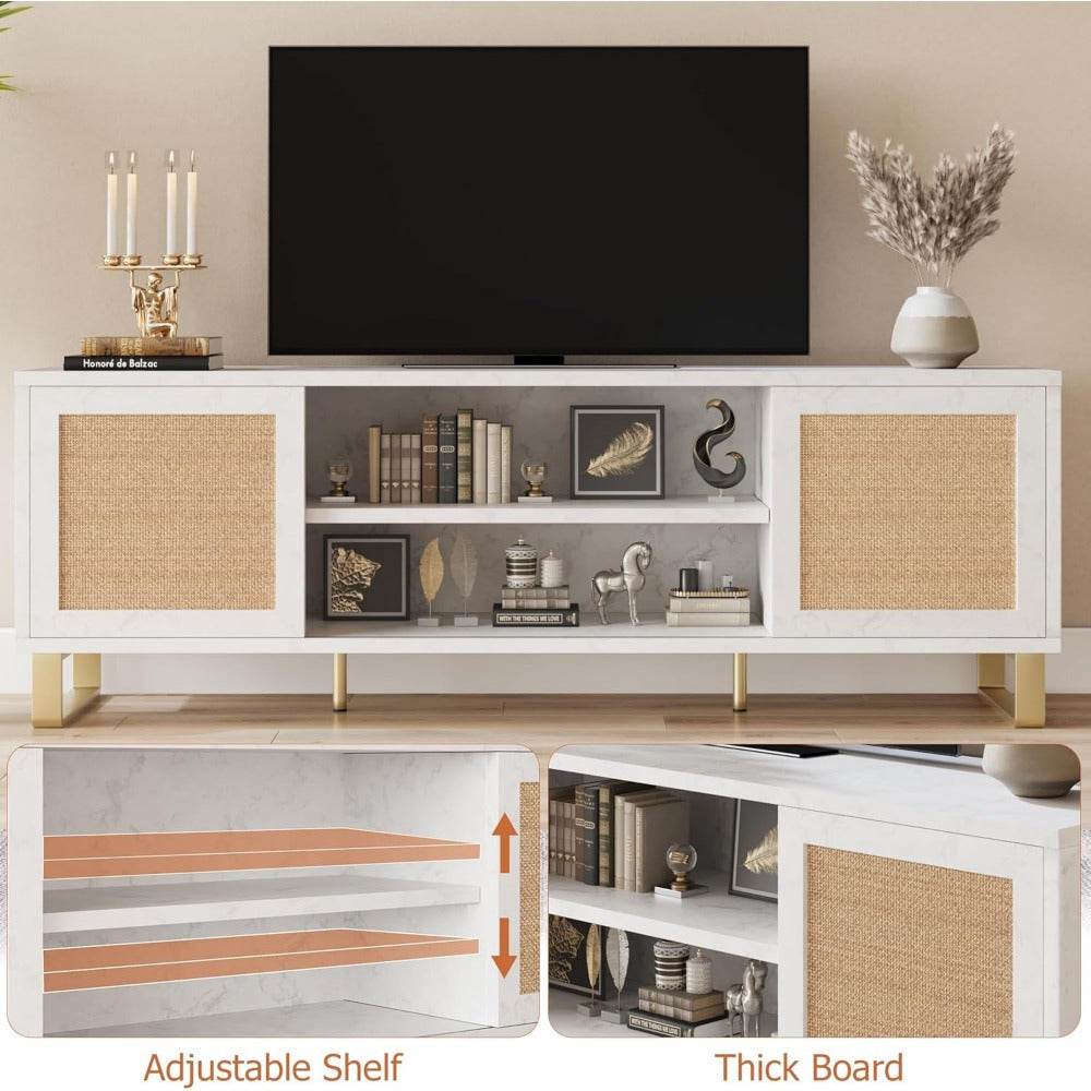 165cm TV Cabinet, Rattan Entertainment Center Modern TV Console Table White TV Cabinet with Storage, Doors and Shelves, Easy To Assemble, Low TV Console Media Cabinet Furniture for Living Room Bedroom