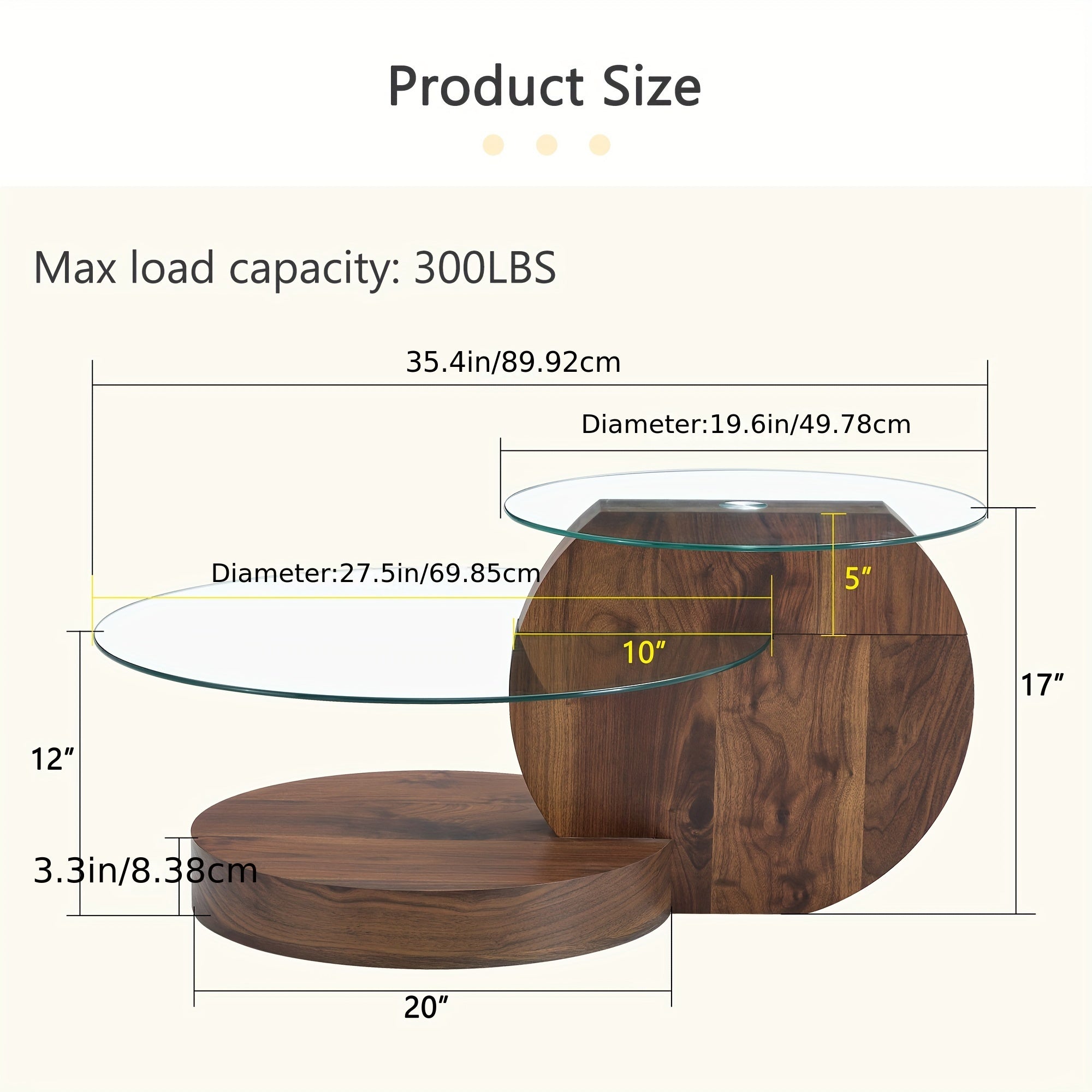 1pc Modern Double-Layer Coffee Table Dark Wood Texture, Glass Top, Engineered Wood Frame, MDF Legs, Double Storage Space, for Living Room and Dining Room