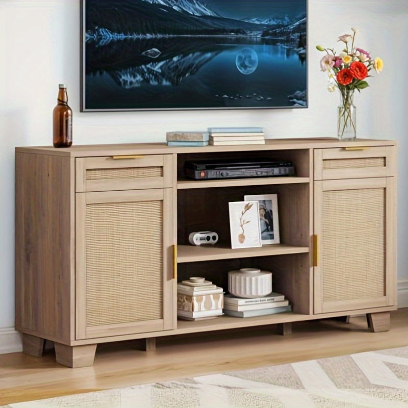 Stylish Rattan TV Cabinet with 2 Drawers, Boho- Chic Entertainment Center for 58" TVs