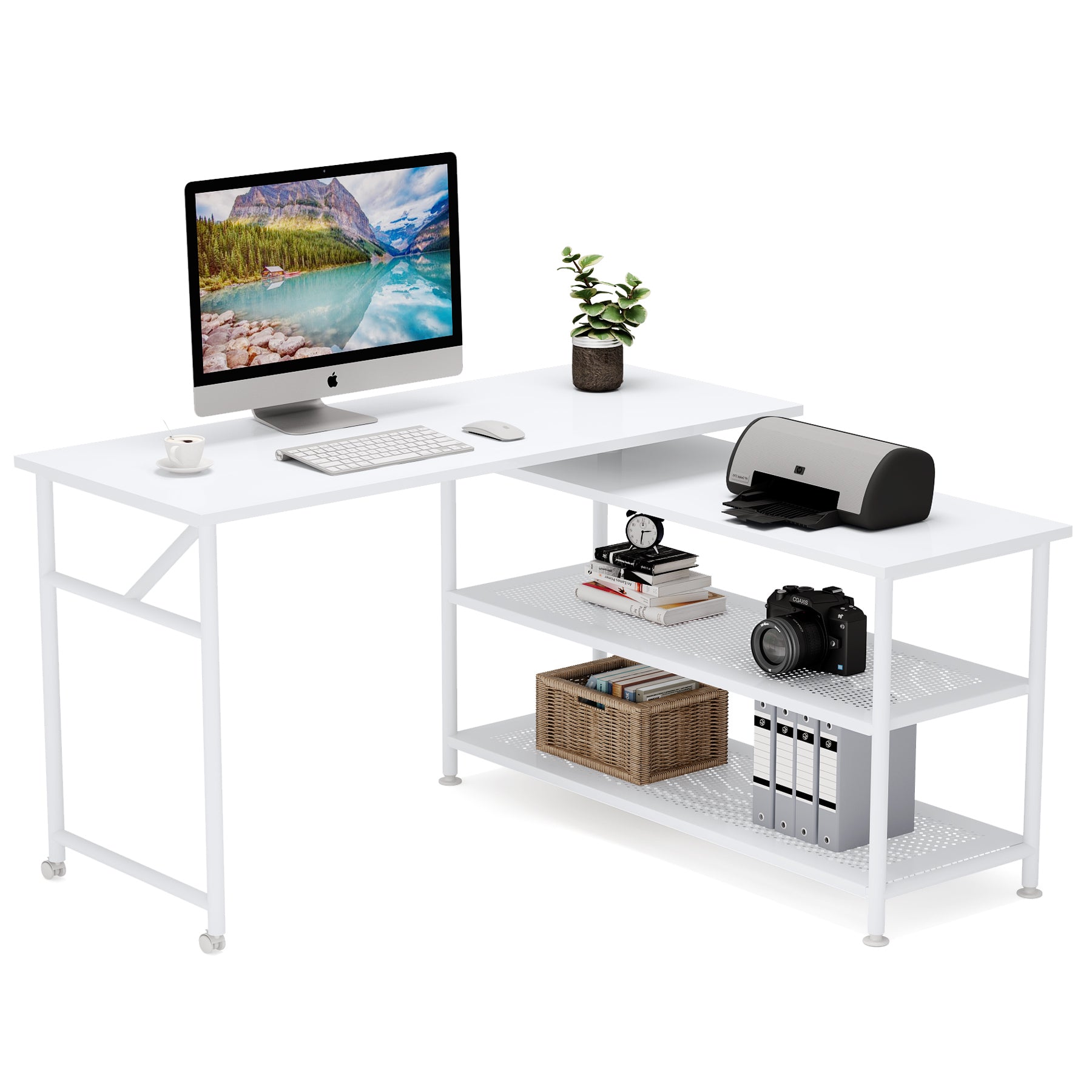 360° Rotating Desk, Modern L-Shaped Desk with Storage Shelves (Dimensions in cm)