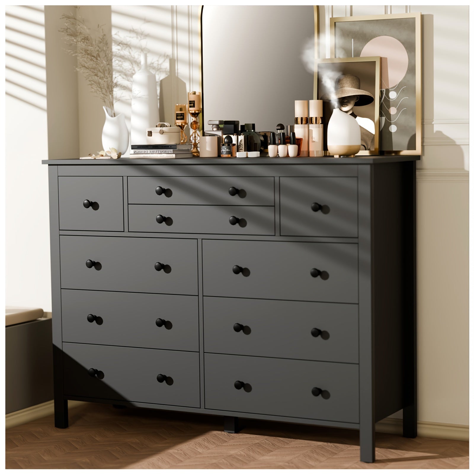 10 Drawer Large Black Dresser For Bedroom, 47.2" Long Chest Of Drawers With Deep Drawers, Modern Wooden Storage Dresser For Closet, 36.2" Tall Dresser TV Stand For Living Room, Hallway, Entryway