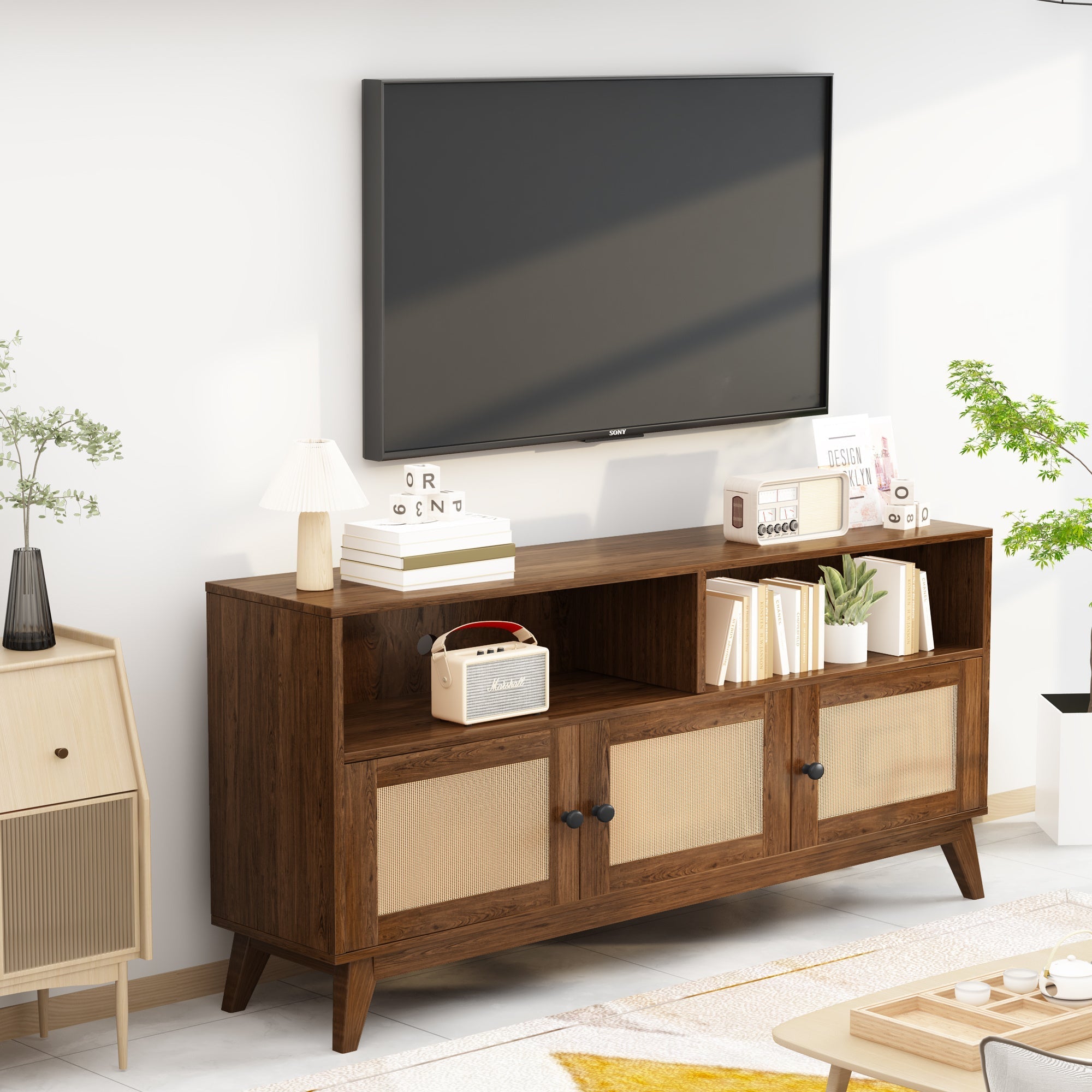 TV Stand for 55 65 inch TV,Boho TV Stand, Entertainment Center with 2 Storage Shelf,Modern Media Console with 3 Rattan Doors, TV Console Table, Living Room, Walnut, 57"L15.74"W29.92"H