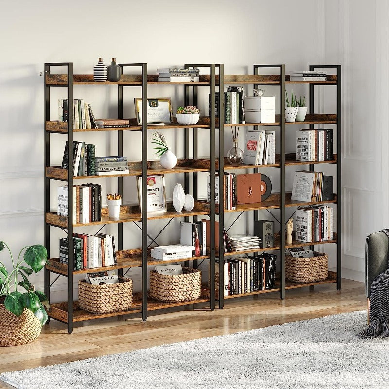 Bookshelf 6 Tier with 4 Hooks, 69 Industrial Wooden Bookcase, Vintage Storage Rack with Open Shelves, Rustic Standing Bookshelves Metal Frame 47.3 Wide Display Rack