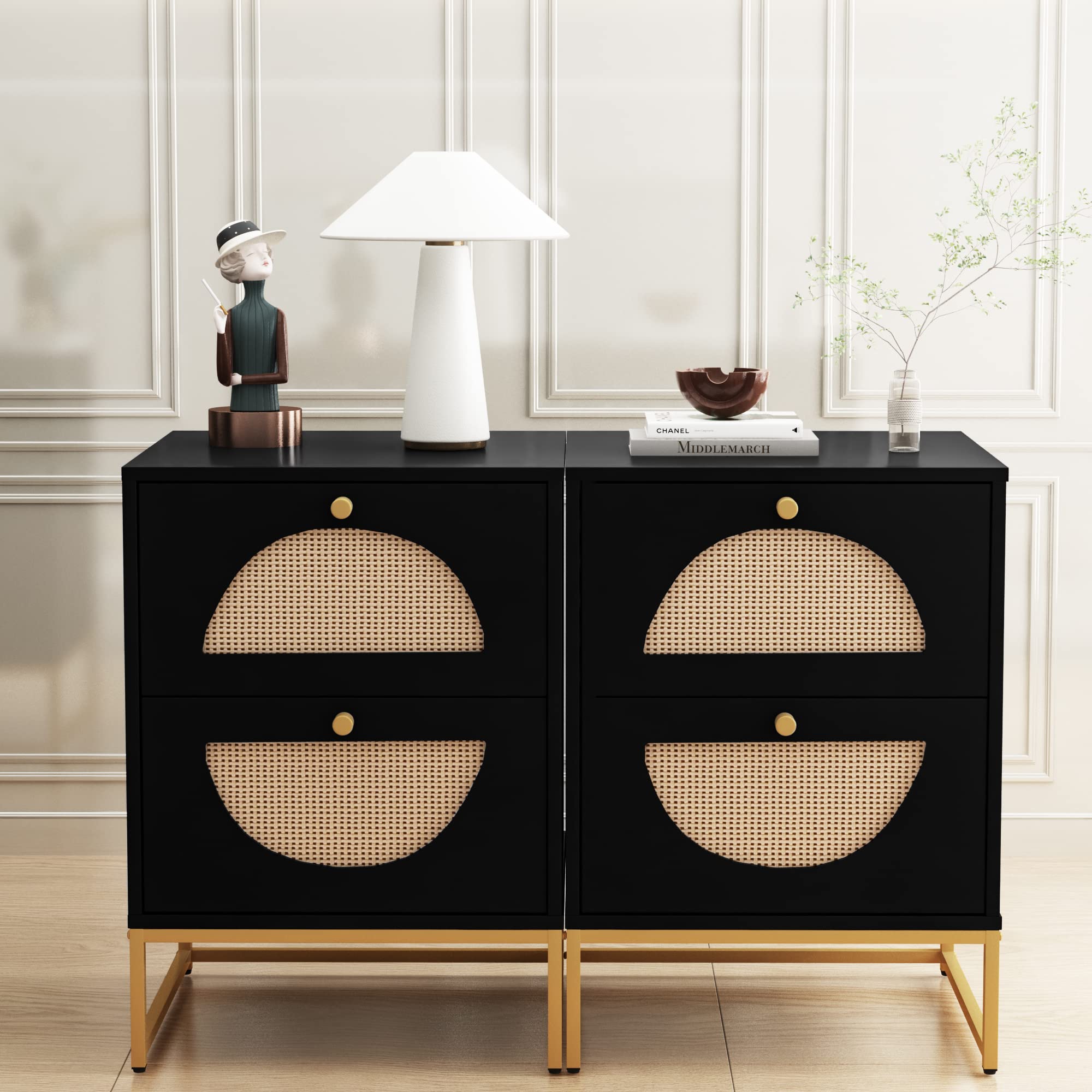 Modern Rattan Nightstand, Multi-Functional Side Table with Two Storage Drawers, Suitable for Living Room, Bedroom and Small Space Storage Table