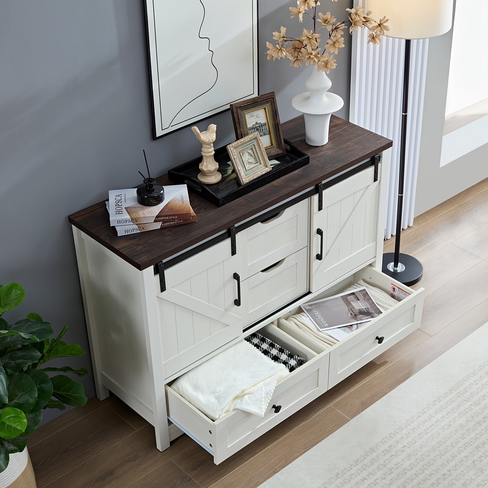 Rustic Farmhouse White Wooden Dresser with Sliding Doors - Freestanding Storage Cabinet for Dining, Bedroom & Office - High-Density Fiberboard Construction, 27" Tall, Multi-Functional Organizer with Drawers