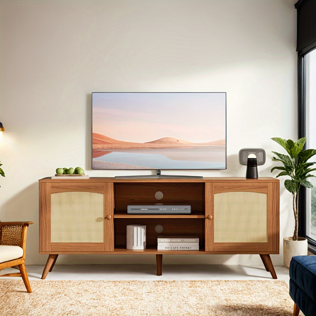 Rattan TV Stand For 60 Inch TV, Mid Century Modern Entertainment Center With Natural Rattan Door, Boho Media TV Console For Living Room