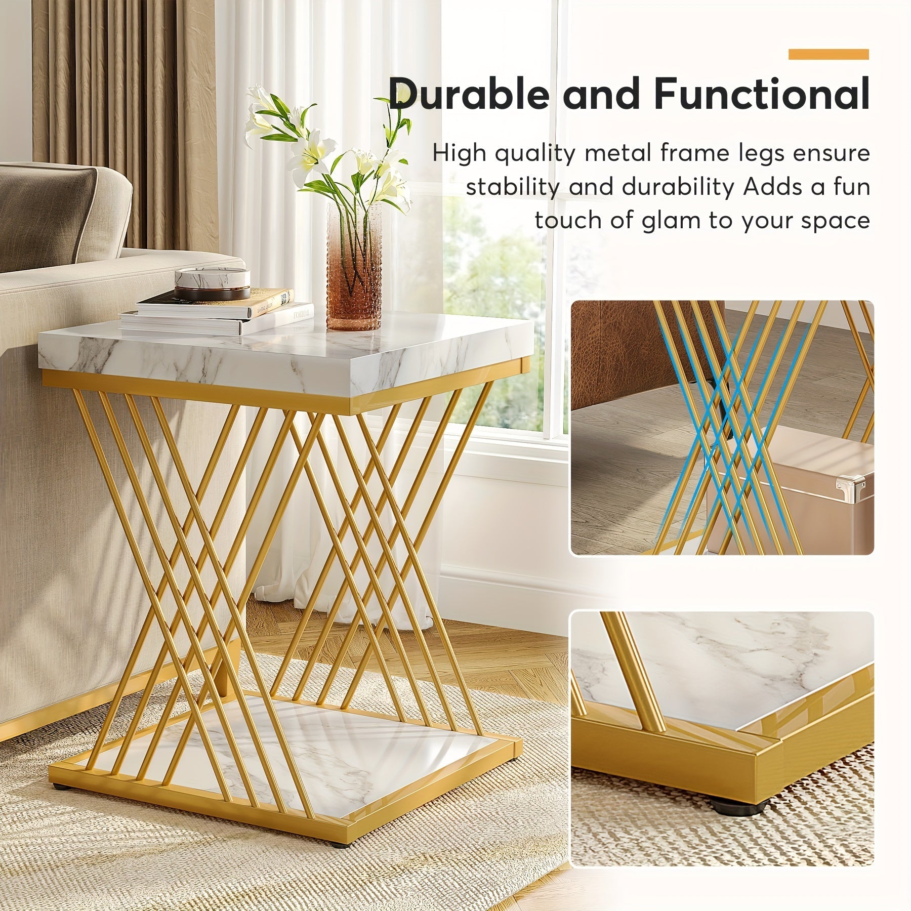 Square Side Table, White Golden End Table, 2-Tier End Table, Modern Bedside Table, Small Side Table with Storage for Couch, Sofa Side Table with Metal Frame for Living Room