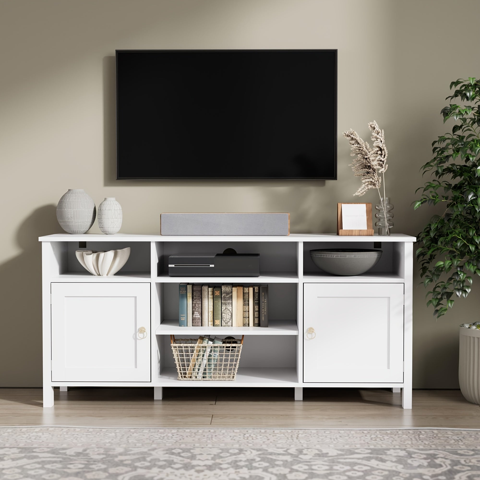 Farmhouse TV Stand For TVs Up To 60 Inch, Modern Entertainment Center, TV Console With Storage Cabinet, Media Console With Barn Ring Pulls