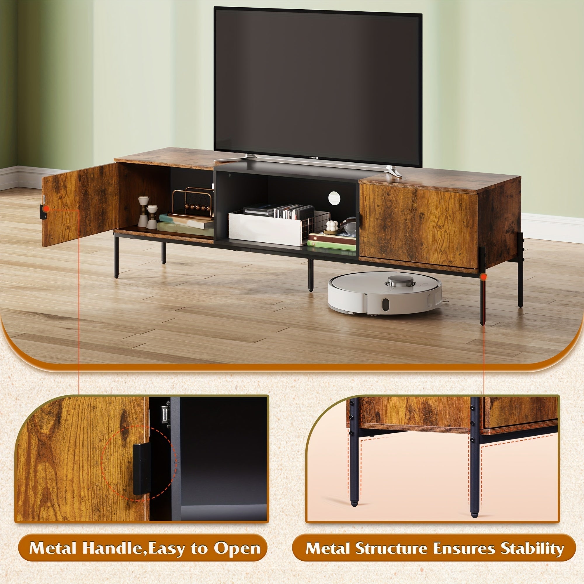 Modern TV Stand For 165cm TV, Mid Century Entertainment Center With Storage, TV Console With Open Shelf And 2 Cabinets For Bedroom And Living Room, TV Cabinet With Metal Legs