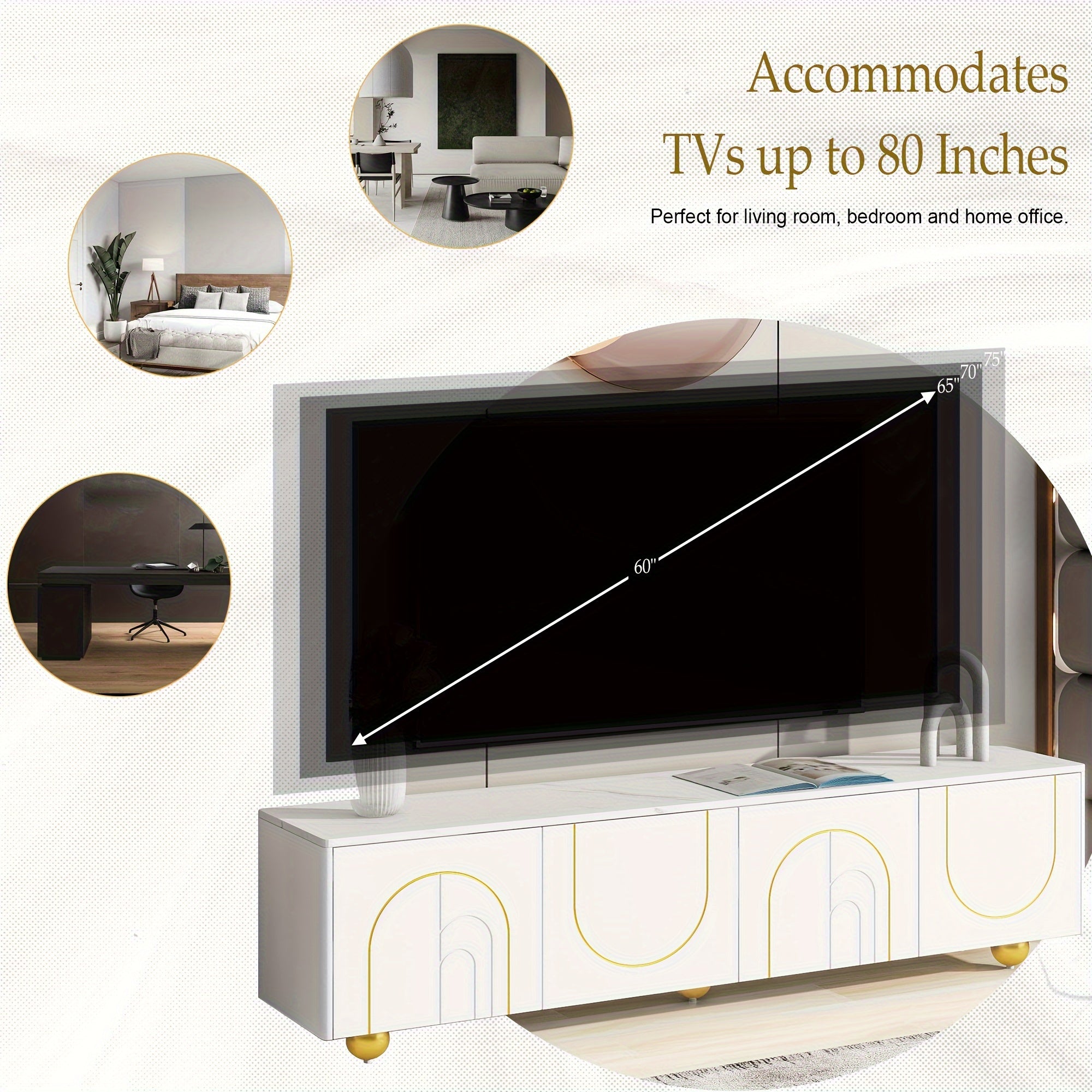 Modern TV Stand For TVs Up To 75 Inches, Entertainment Center With Storage Cabinets And 1 Adjustable Shelf, Media Console With Marble-patterned Top And Golden Round Metal Legs For Living Room