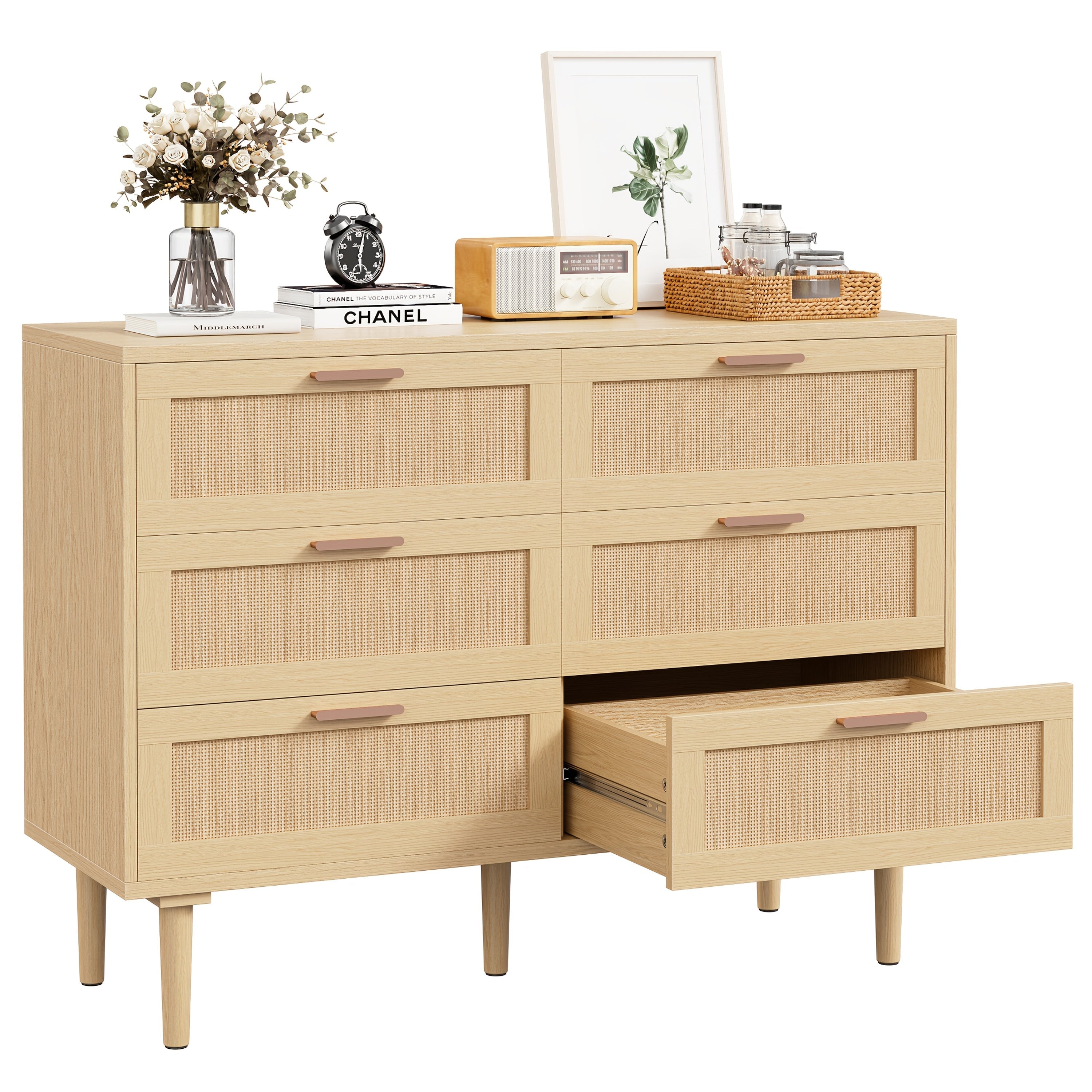 Drawer Dresser, Modern Wooden 6 Drawer Dresser, Rattan Dresser With Golden Handles For Bedroom, Rattan Storage Chest Of Drawers For Bedroom, Living Room, Hallway