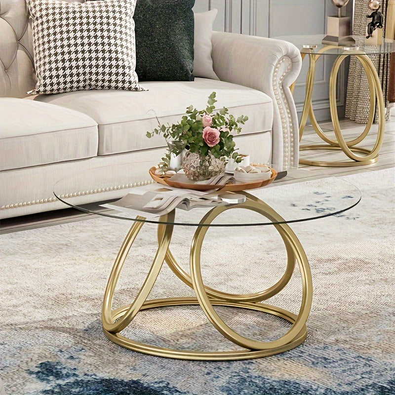 Modern Round Coffee Table, Tempered Glass Center Table With Metal Frames, Golden Coffee Table Coffee Table For Living Room Office, 1 PC