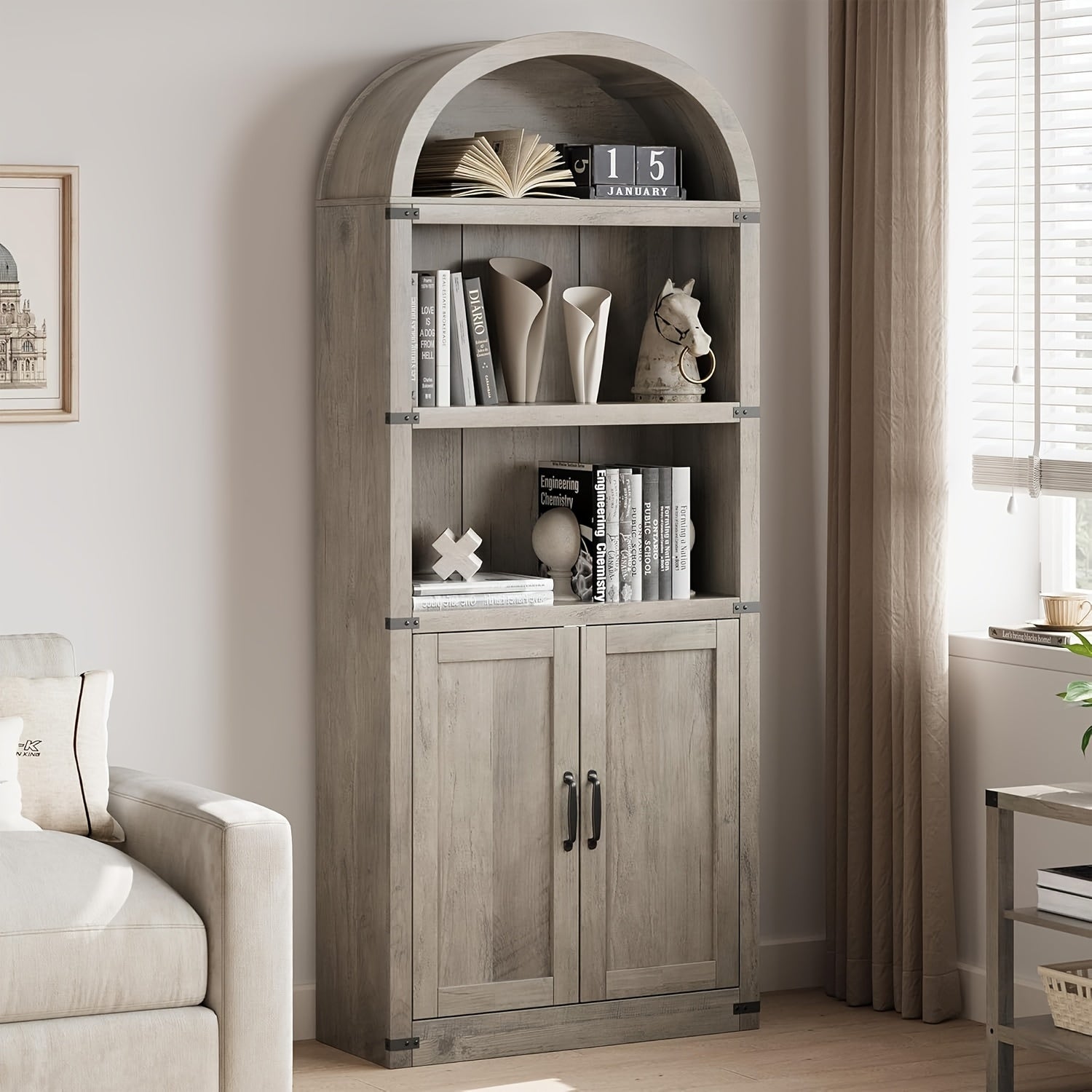 179cm High Bookcase With Doors Bookcase Arched Bookshelf Farmhouse Cabinet With Shelves Bookcase For Home Office, Living Room