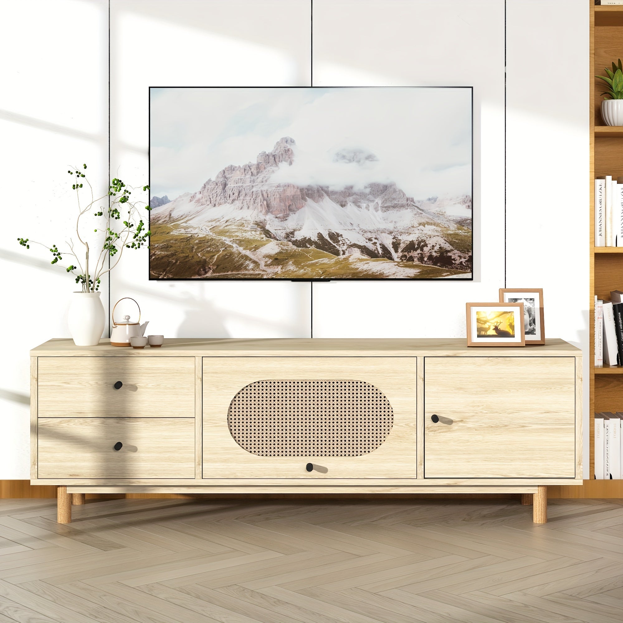 Spacious Boho Chic TV Stand with Rattan Door & 2 Drawers - Mid-Century Modern Wooden Media Center on Solid Oak Legs, Open Storage for TVs up to 65", Ideal for Living Room