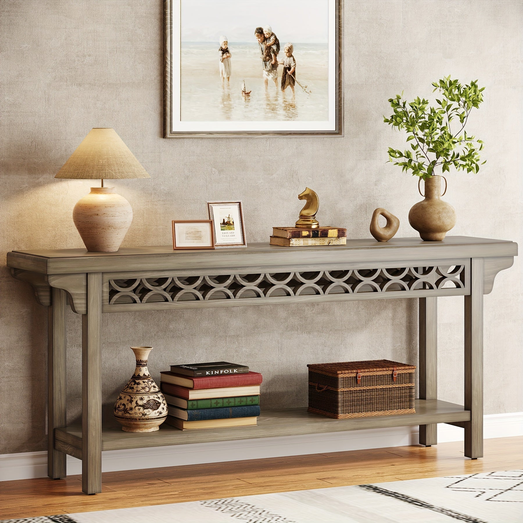 180 cm Extra Long Console Table, Farmhouse Wood Narrow Sofa Table with Storage Shelves, 2-Tier Entryway Table Behind Couch for Hallway Foyer Living Room