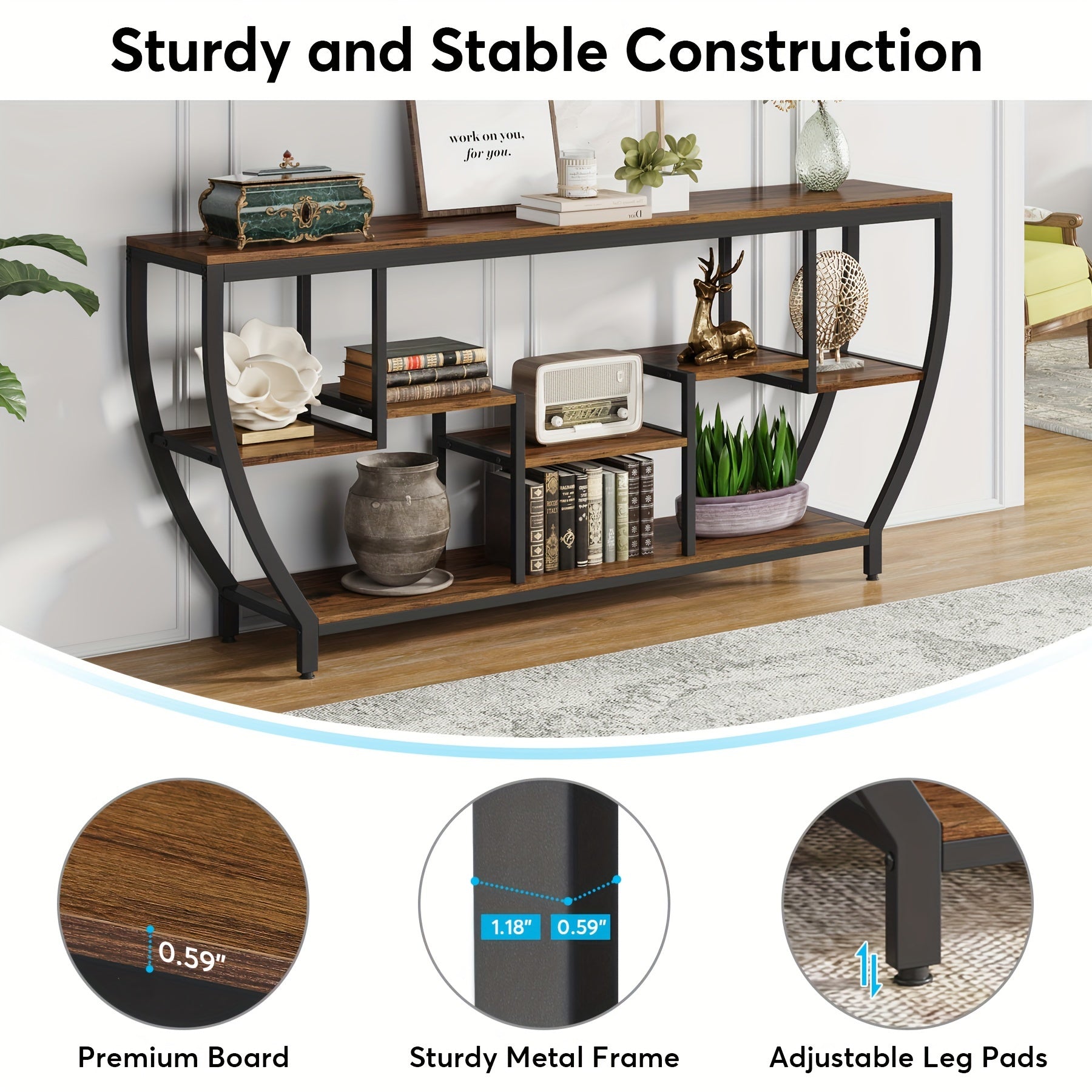 Rustic 180 cm Sofa Table with Shelves, Industrial Console Table with Storage, Entryway Table TV Stand, Accent Tables for Behind Couch, Living Room, Hallway, Foyer, Utility Racks