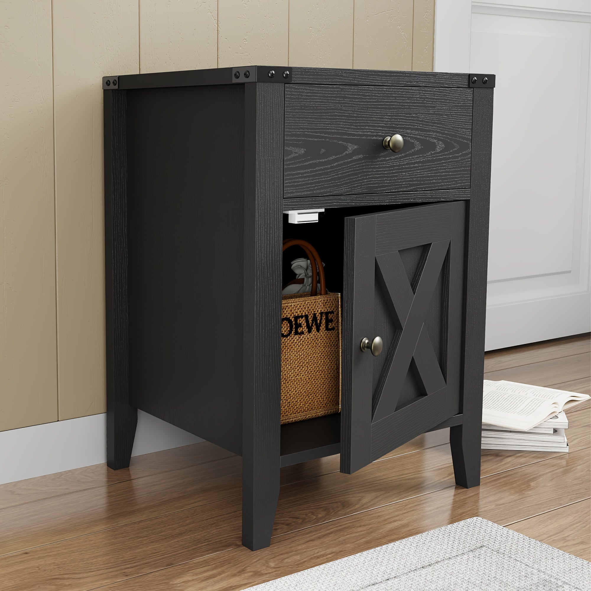 Farmhouse 60cm H Black Nightstand, Bed Side Table With Drawers & Storage Cabinet, End Table (1 PC/ 2 PCS) Black