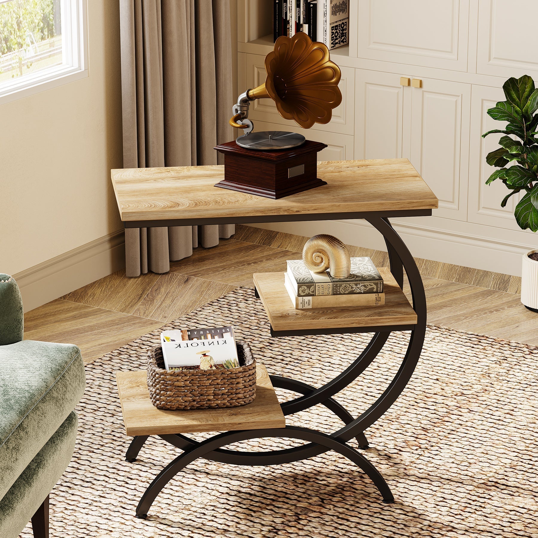 C-Shaped End Table, Industrial 3-Tier Side Table for Small Space